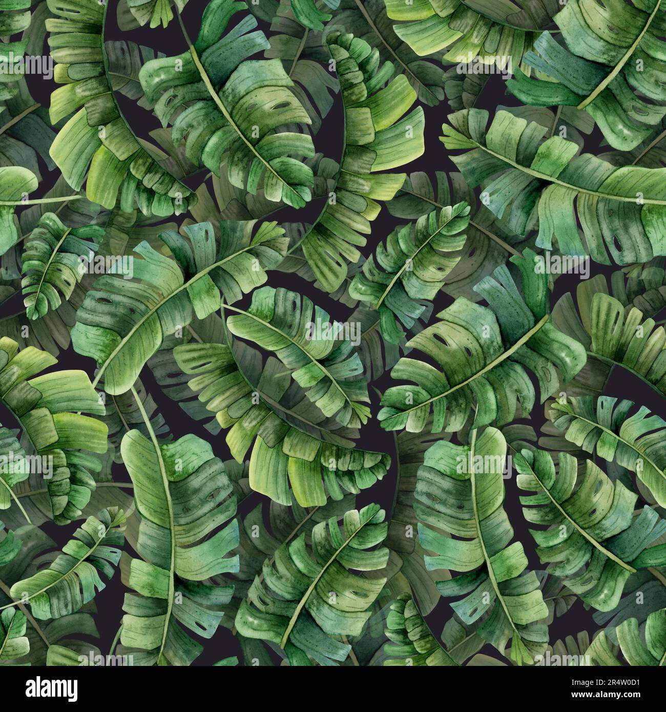 Jungle tropical palm leaves watercolor seamless pattern on dark grey background with green jungle plants Stock Photo