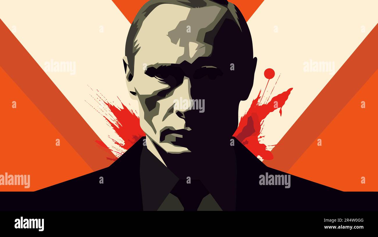 A simple graphic portrait of the President of the Russian Federation Putin on a red banner. war. Vector illustration Stock Vector