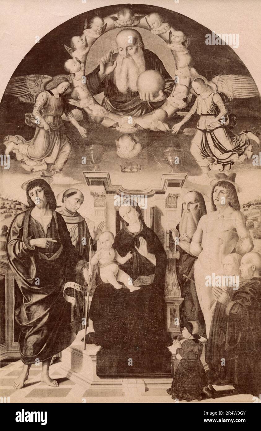 The Virgin with Baby Jesus and Saints, painting by Italian artist Giovanni Santi, Palazzo Ducale, Urbino, Italy 1900s Stock Photo
