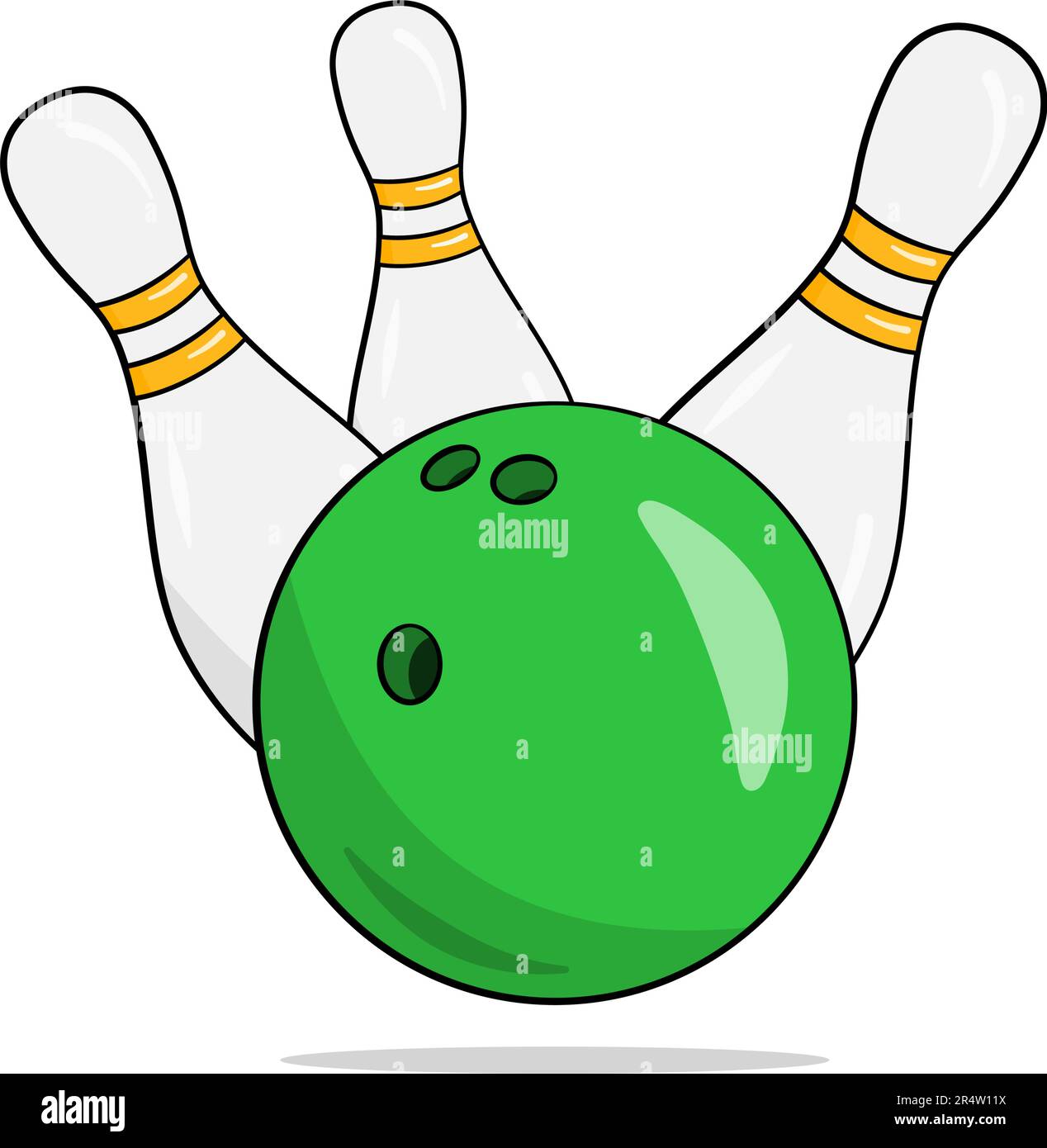 Green bowling ball and three pins. Cartoon. Vector illustration