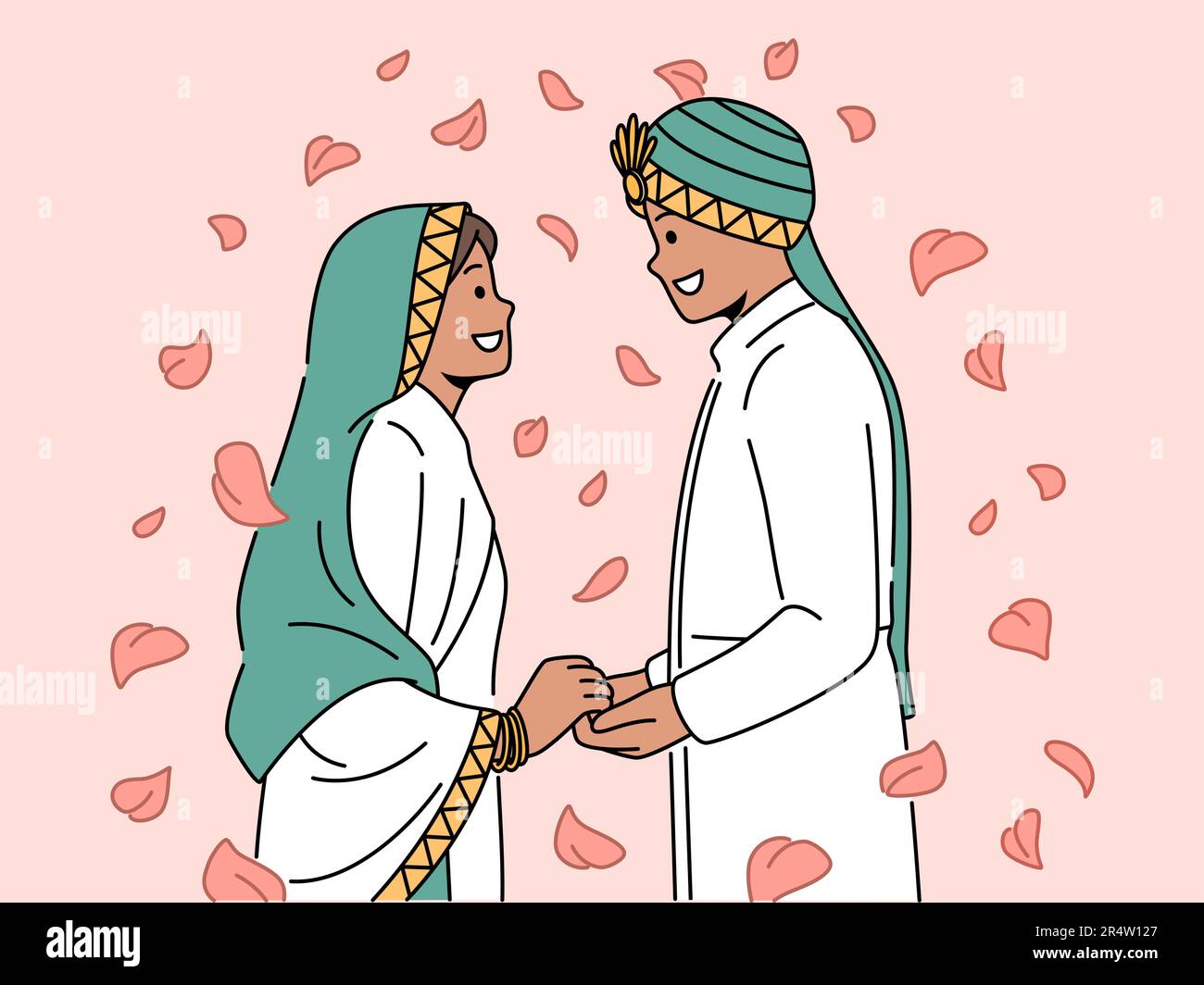 Smiling Arabic man and woman in traditional wedding costumes enjoy ...