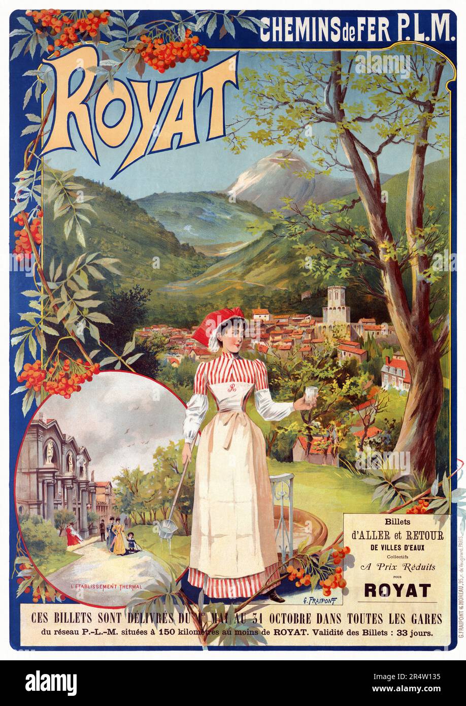 Chemins de Fer P.L.M.  Royat by Gustave Fraipont (1849-1923). Poster published in 1896 in France. Stock Photo