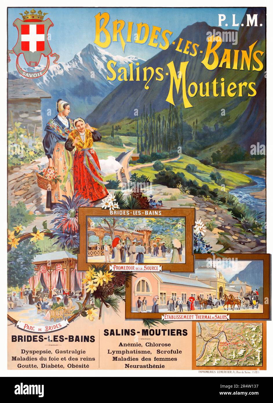 P.L.M. Brides-les-Bains. Salins Moutiers by Henri Ganier Tanconville (1845-1936). Poster published in 1895 in France. Stock Photo