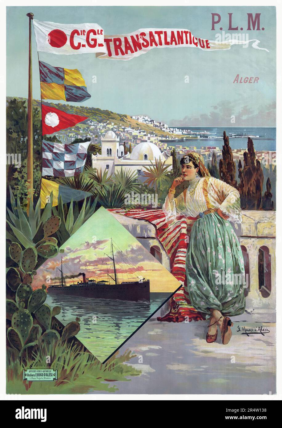 P.L.M., Cie Gle Transatlantique. Alger by F. Hugo d'Alesi (1849-1906). Poster published in 1898 in France. Stock Photo