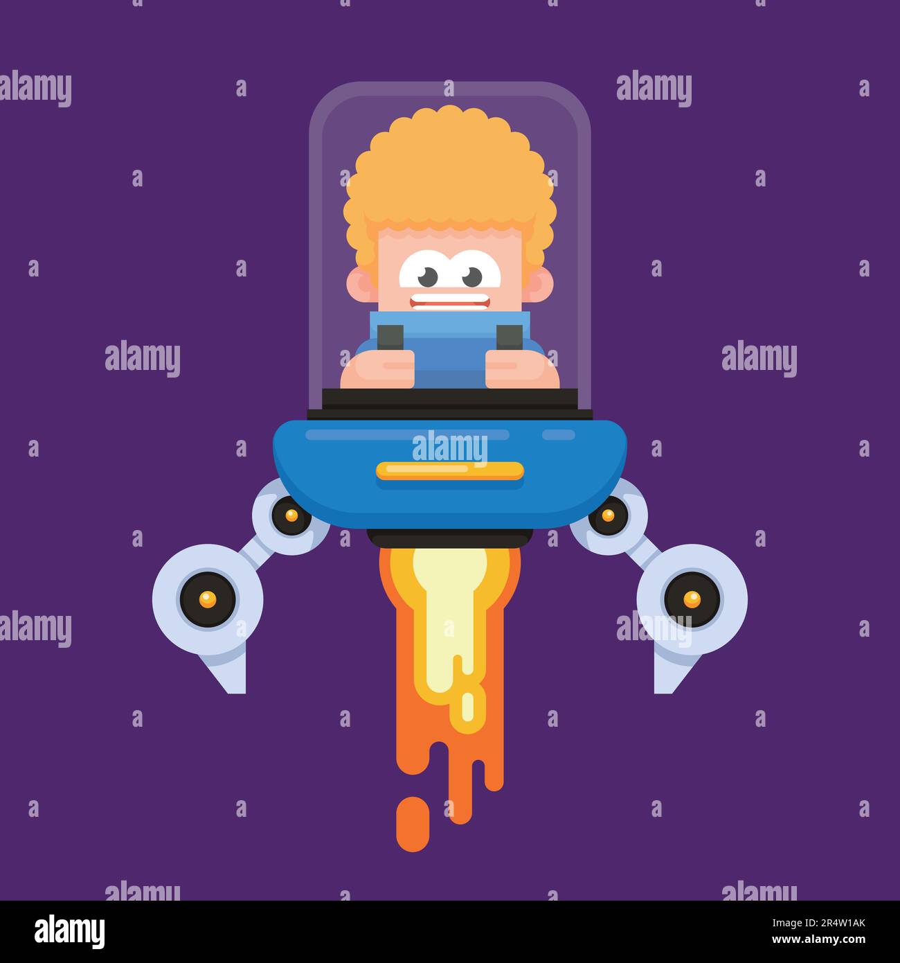 Cute boy driving a spaceship. Flat design vector illustration Stock Vector