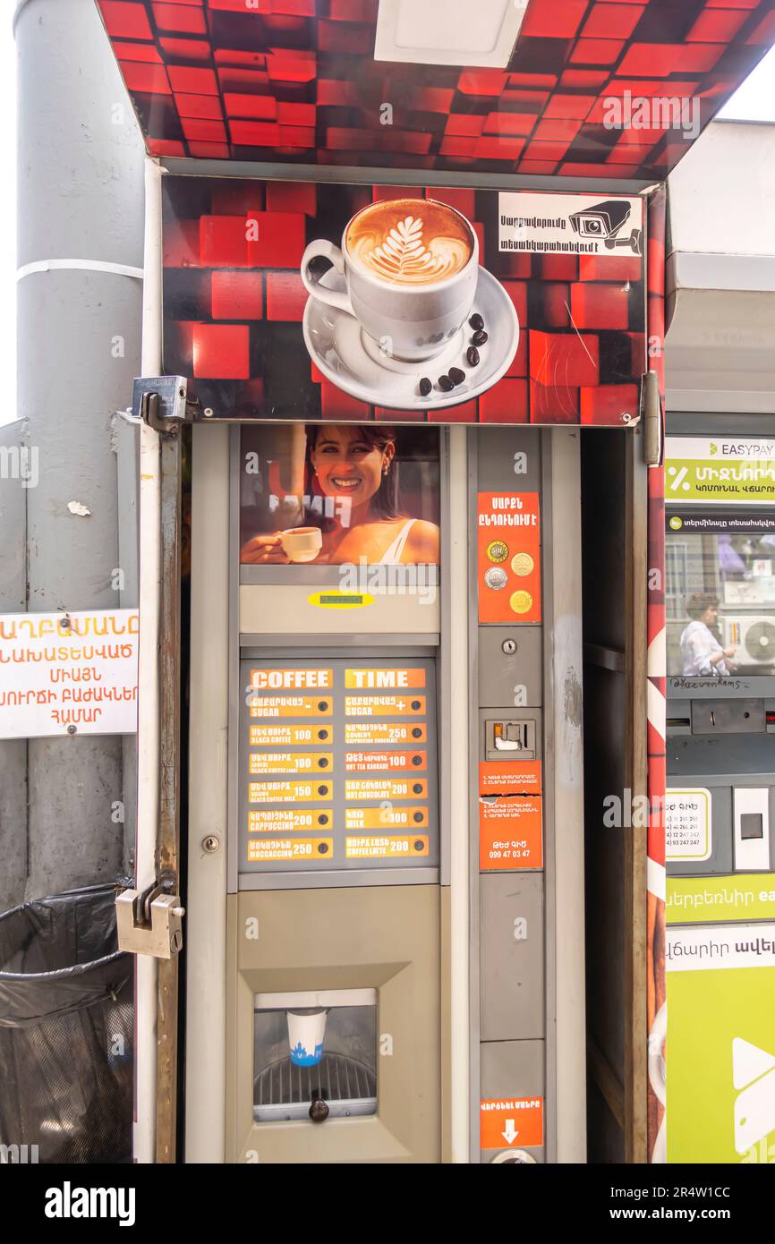 Coffee automat machine kiosk in Yerevan Armenia with prices in local