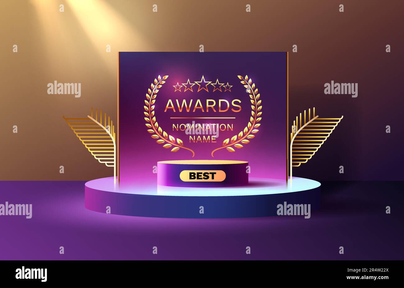 Best Awards nomination name podium, golden prize event, scene star ceremony. Vector Stock Vector