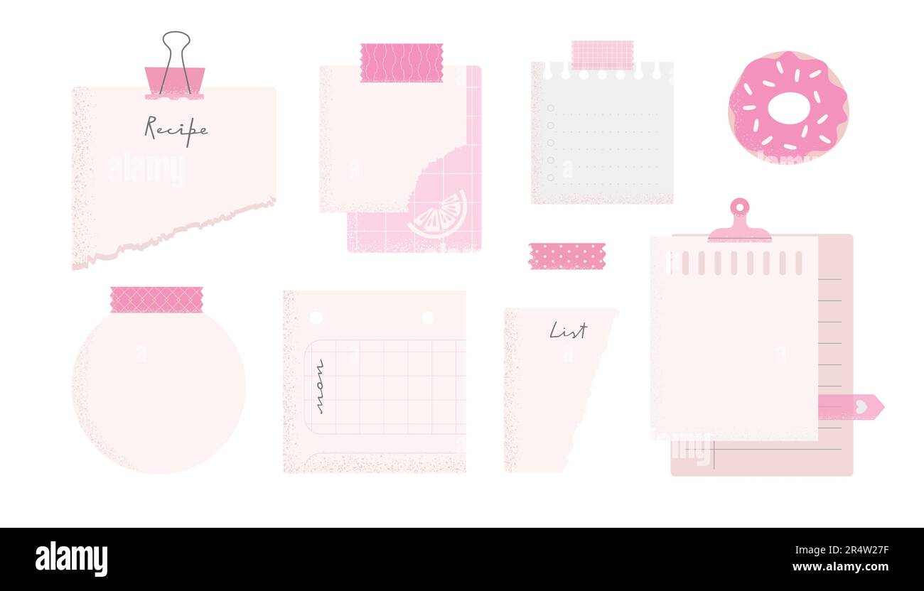 Stickers, note papers, planner doodles vector illustrations collection. Pink color, bright set for diary, notepad. Stock Vector