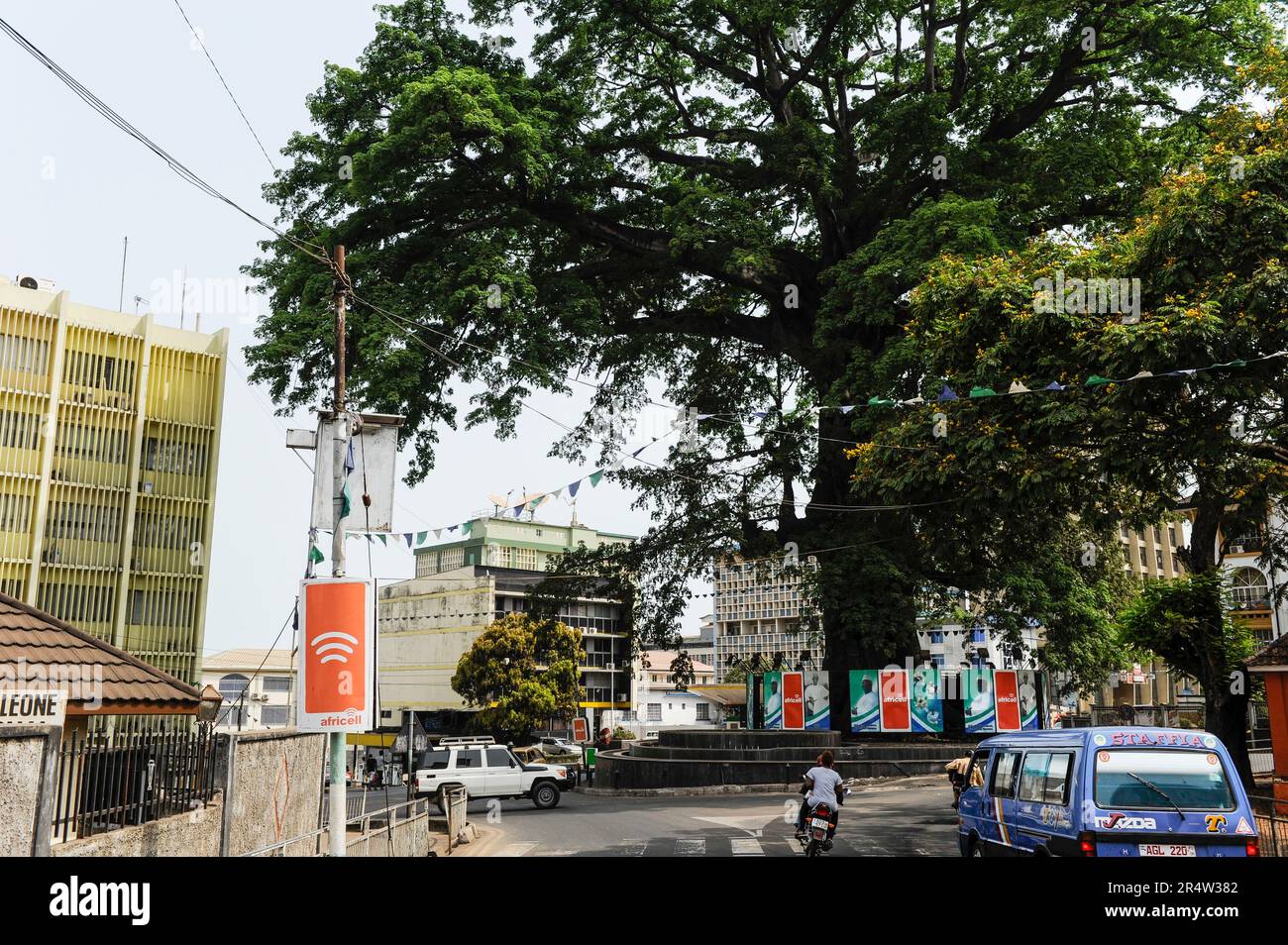 SIERRA LEONE, Freetown, downtown, city centrer, shopping street and large cotton tree, the old cotton tree is a national symbol for freedom and against slavery Stock Photo