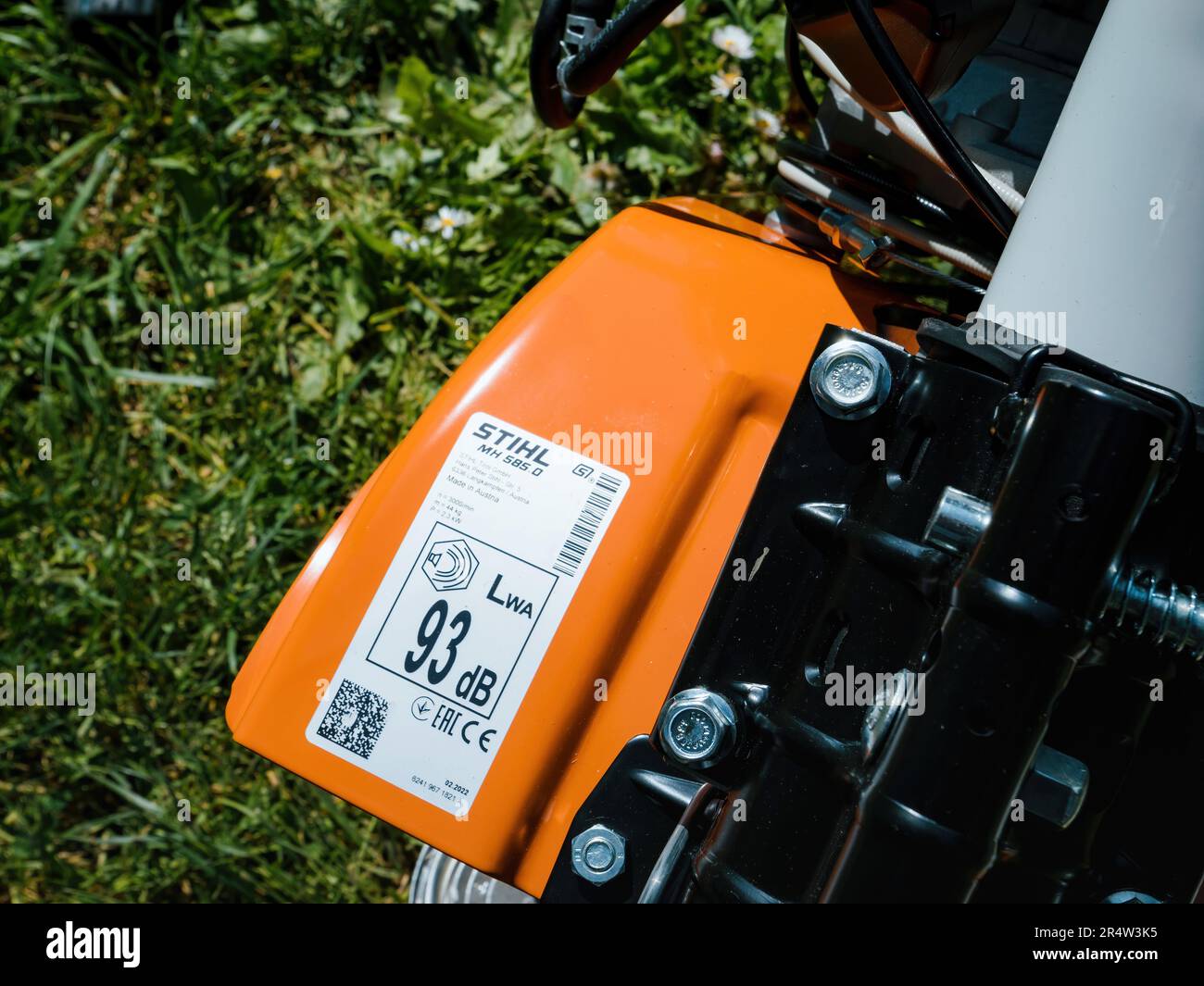 Frankfurt, Germany - May 3, 2023: Inscription plate on a sturdy, powerful machine built for tilling medium to large-sized plots of land--the Stihl MH Stock Photo