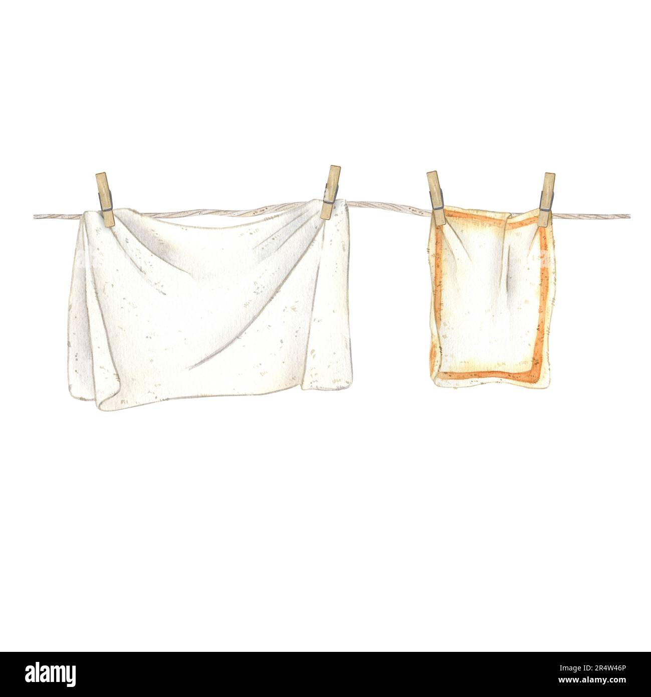 A white clothesline with clean clothes hanging on clothespins