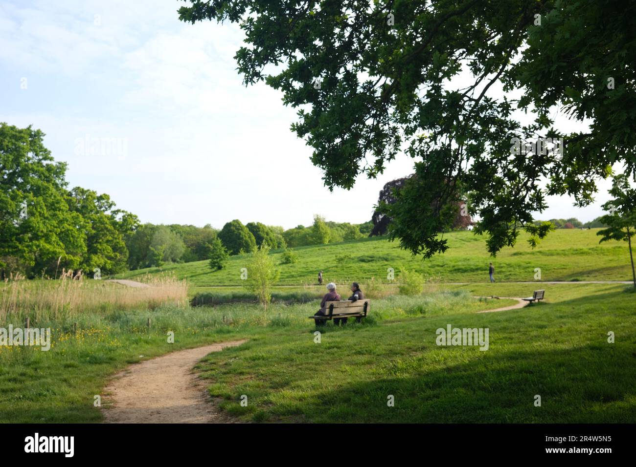 Two people sitting on a bench, enjoying the tranquil, peaceful atmosphere of the surrounding country setting, Hampstead Heath, North London, May 2023 Stock Photo