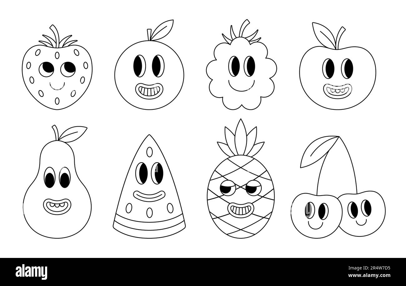 Collection of funny groovy fruits in line style. Simple outline cartoon character faces. Vector illustration Stock Vector