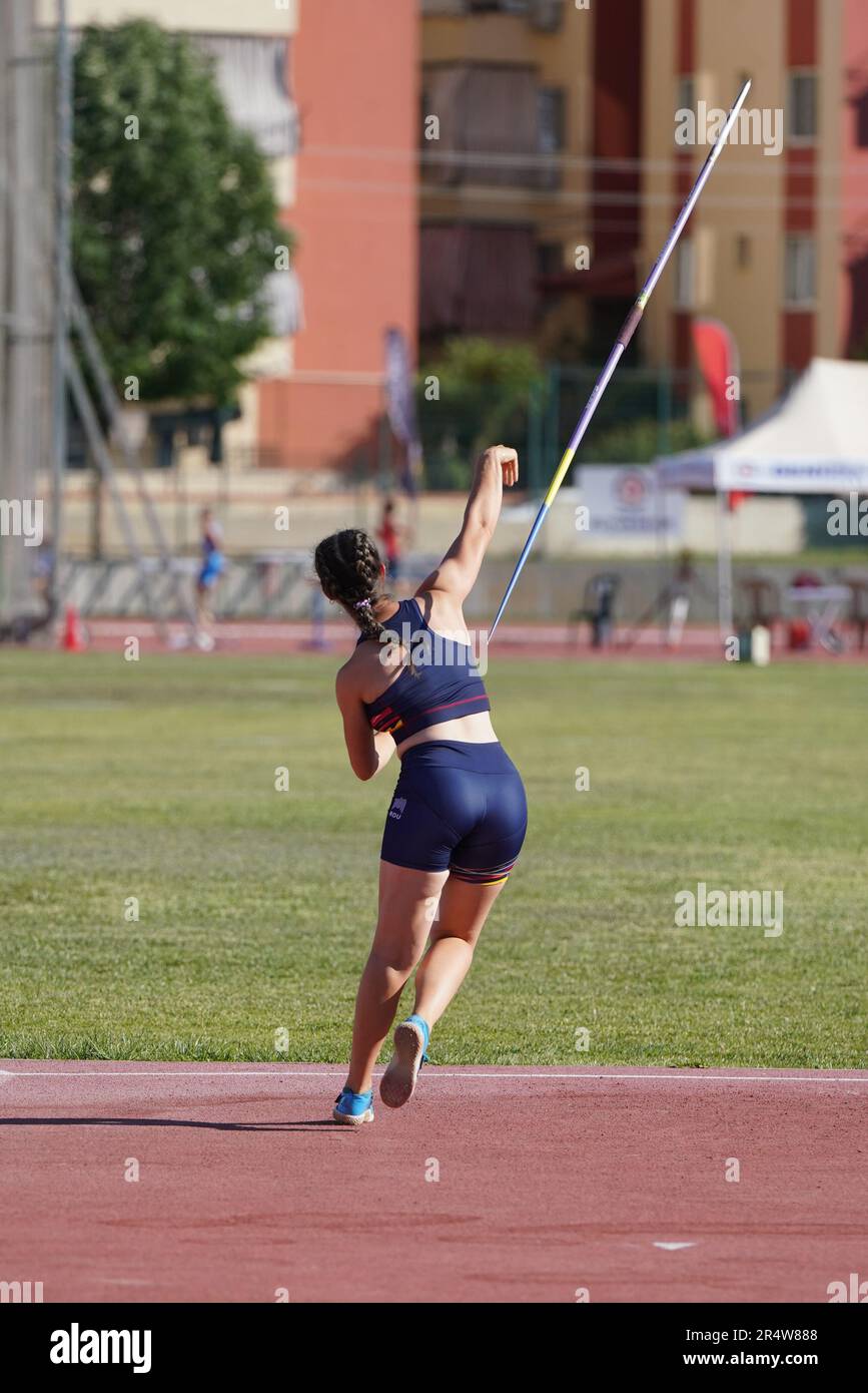 DENIZLI, TURKIYE JULY 16, 2022 Undefined athlete javelin throwing