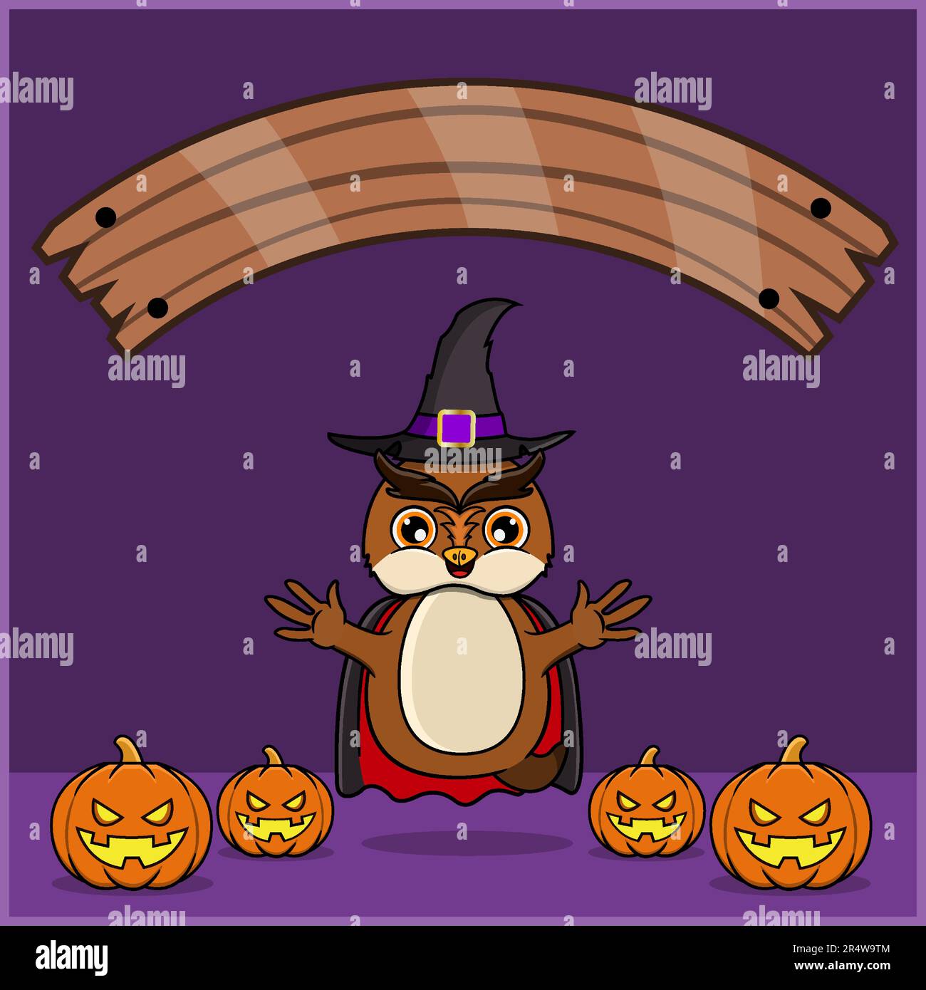 Cute Owl Animal wearing Vampire Halloween Custome, With Blank Space Banner, Pumpkins and Flying Position. Vector And Illustration. Stock Vector