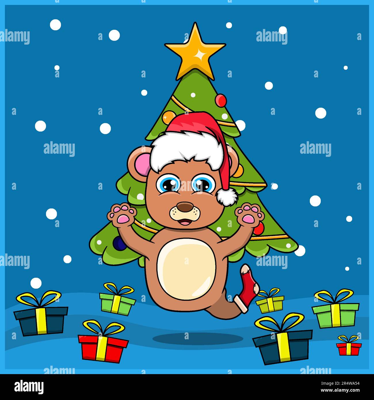 Cute Animal Christmas With Bear Character Design, Wearing Sock And Hat