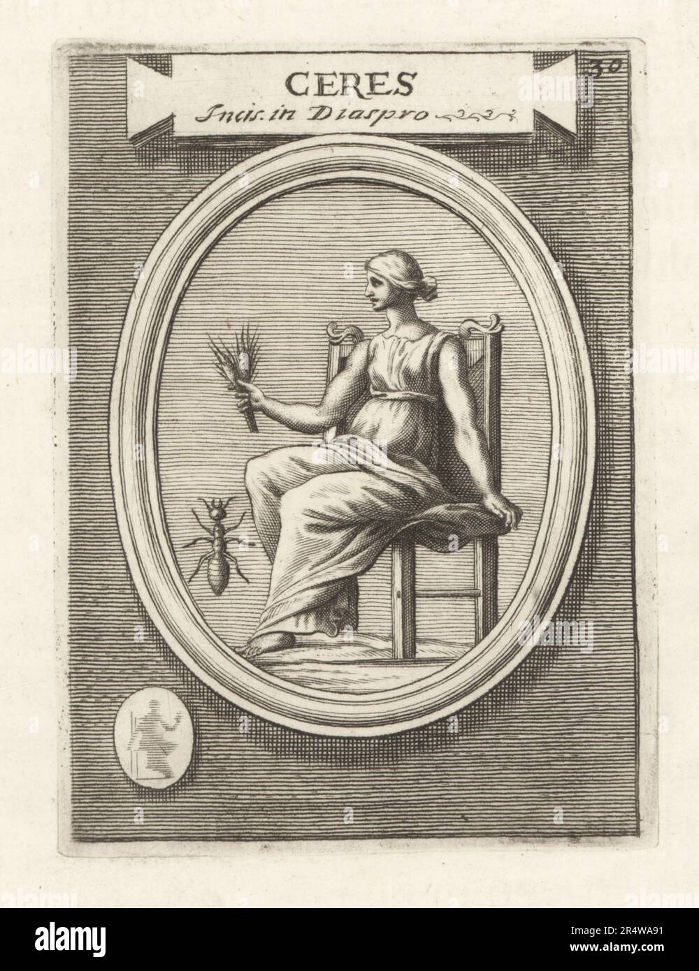 Ceres, Roman goddess of grain and agriculture. Seated on a chair holding ears of wheat. Zerene or the Macedonian goddess Zeirene Eleusia to the Etruscans. From an engraved jasper gem. Ceres Incis. in Diaspro. Copperplate engraving from Francesco Valesio, Antonio Gori and Ridolfino Venuti’s Academia Etrusca, Museum Cortonense in quo Vetera Monumenta, (Etruscan Academy or Museum of Cortona), Faustus Amideus, Rome, 1750. Stock Photo