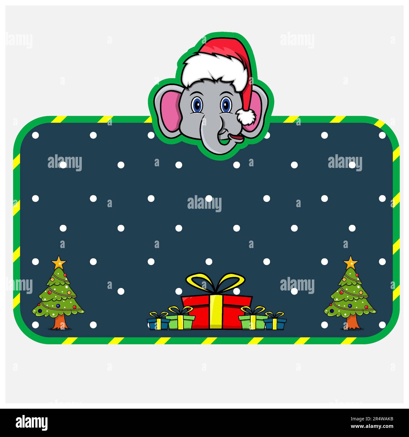 Christmas and New Year Greeting Card With Elephant Character Design. Head Animal Wearing Christmas Hat. Vector And Illustration. Stock Vector