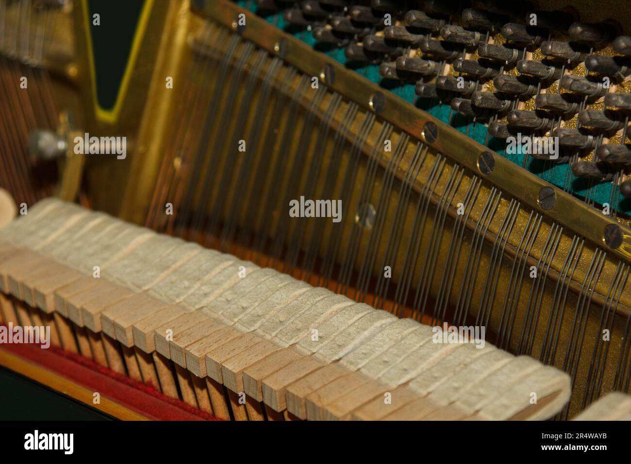 Repair of a stringed musical instrument. The interior of a piano with brass metal strings and a