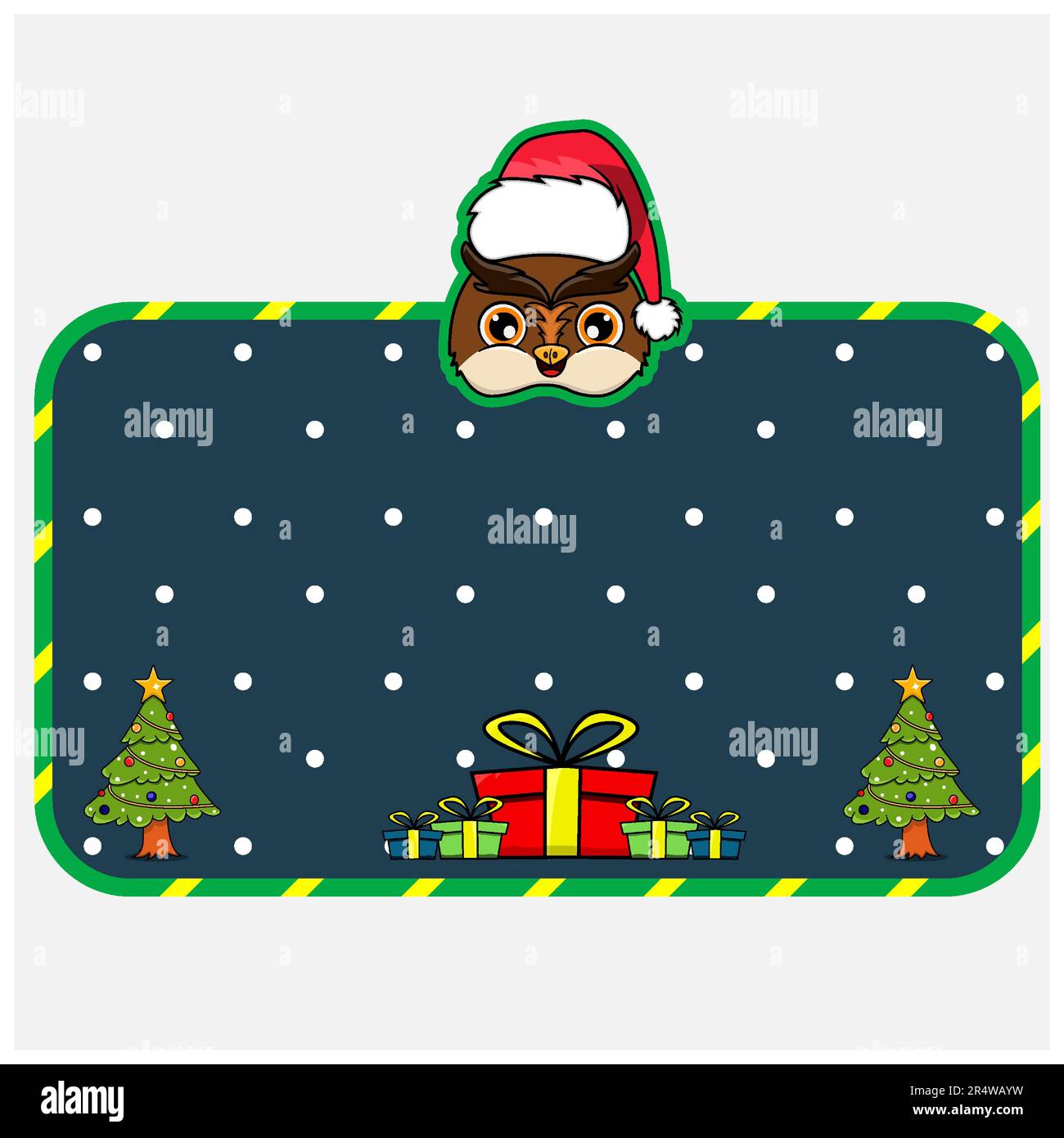 Christmas and New Year Greeting Card With Owl Character Design. Head Animal Wearing Christmas Hat. Vector And Illustration. Stock Vector