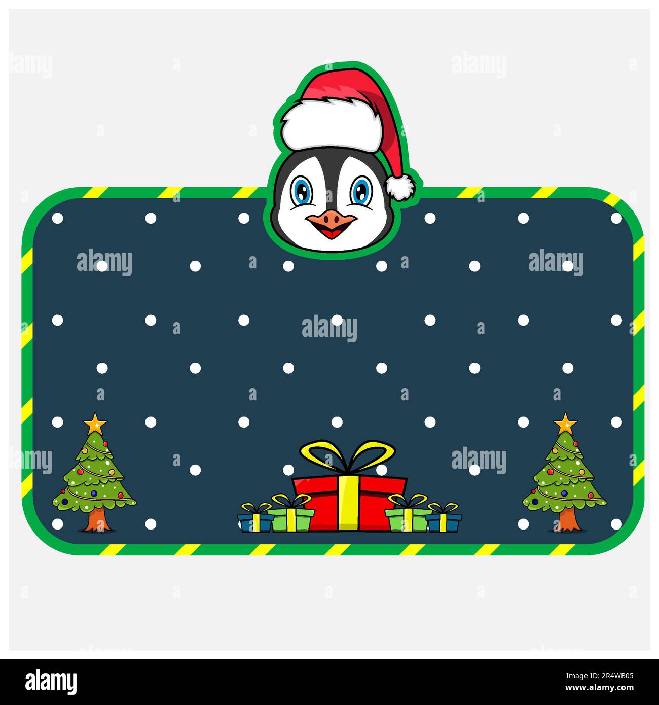 Christmas and New Year Greeting Card With Penguin Character Design. Head Animal Wearing Christmas Hat. Vector And Illustration. Stock Vector