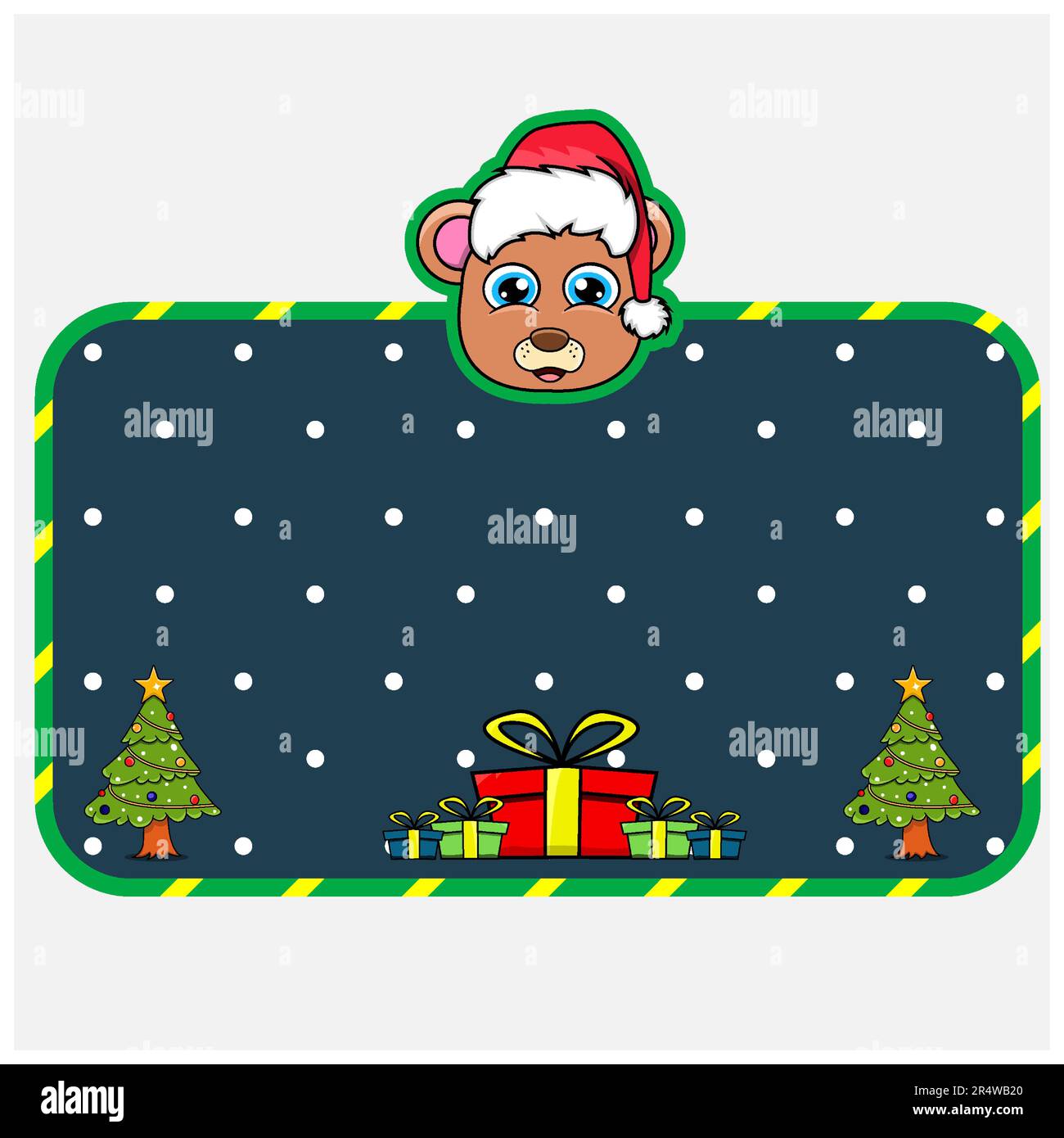 Christmas and New Year Greeting Card With Bear Character Design. Head Animal Wearing Christmas Hat. Vector And Illustration. Stock Vector