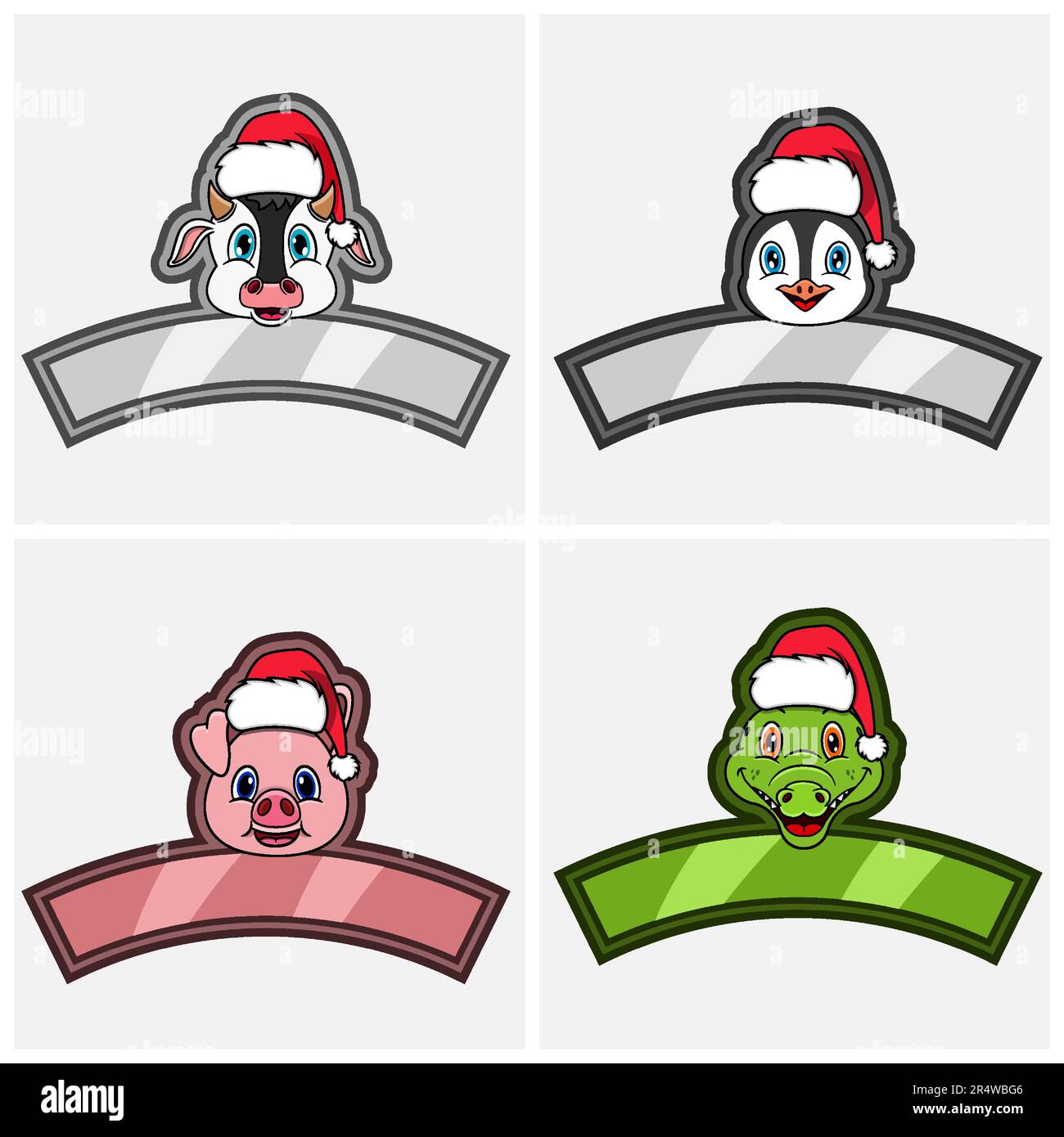 Set Cute Animals Head Character. For Logo, Icon and label with Christmas Hat. Owl, Cow, Pig and Crocodile. Vector And Illustration. Stock Vector