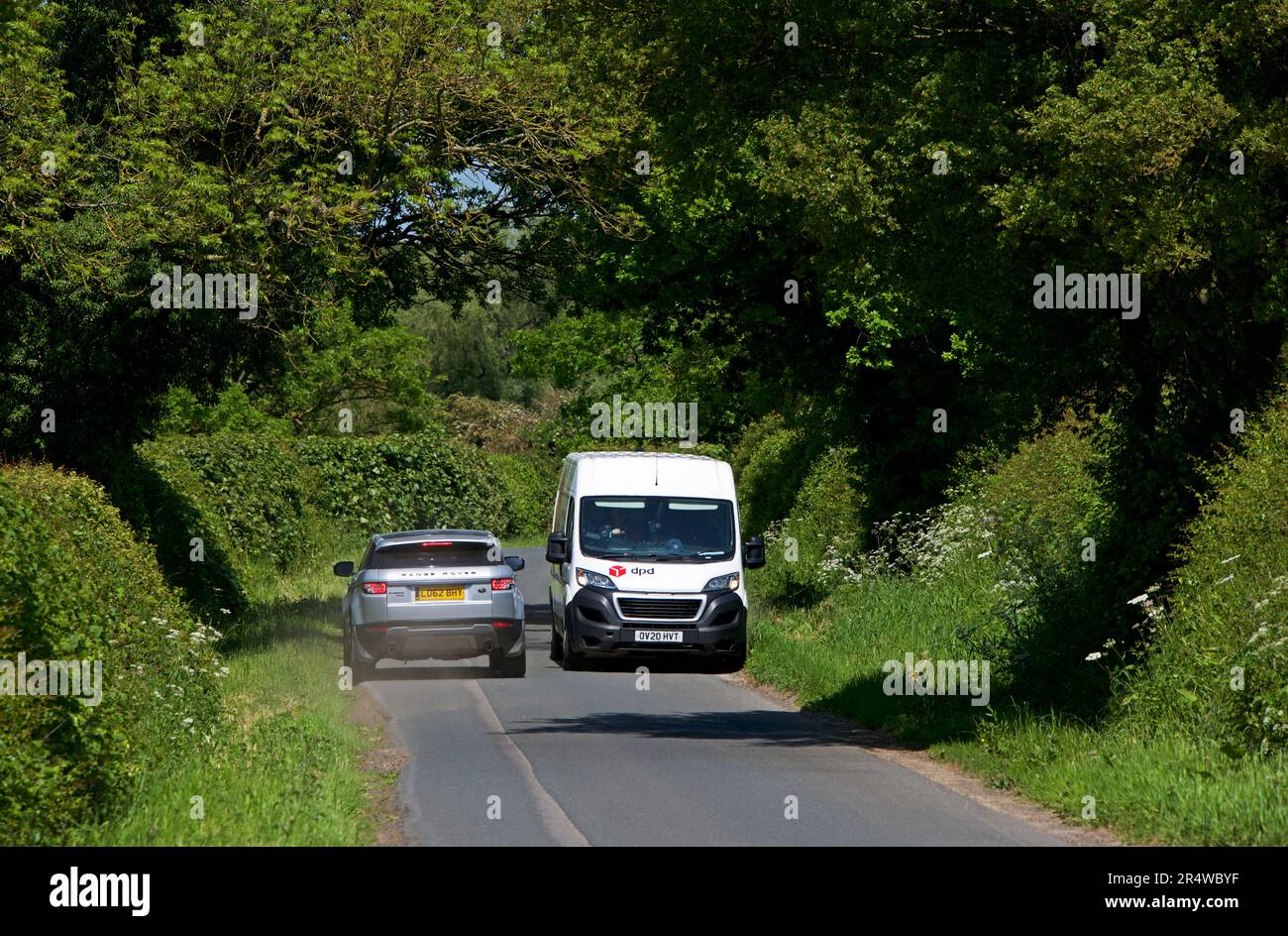 Range Rover passing DPD delivery van on single track Breighton Road, East Yorkshire, England UK Stock Photo