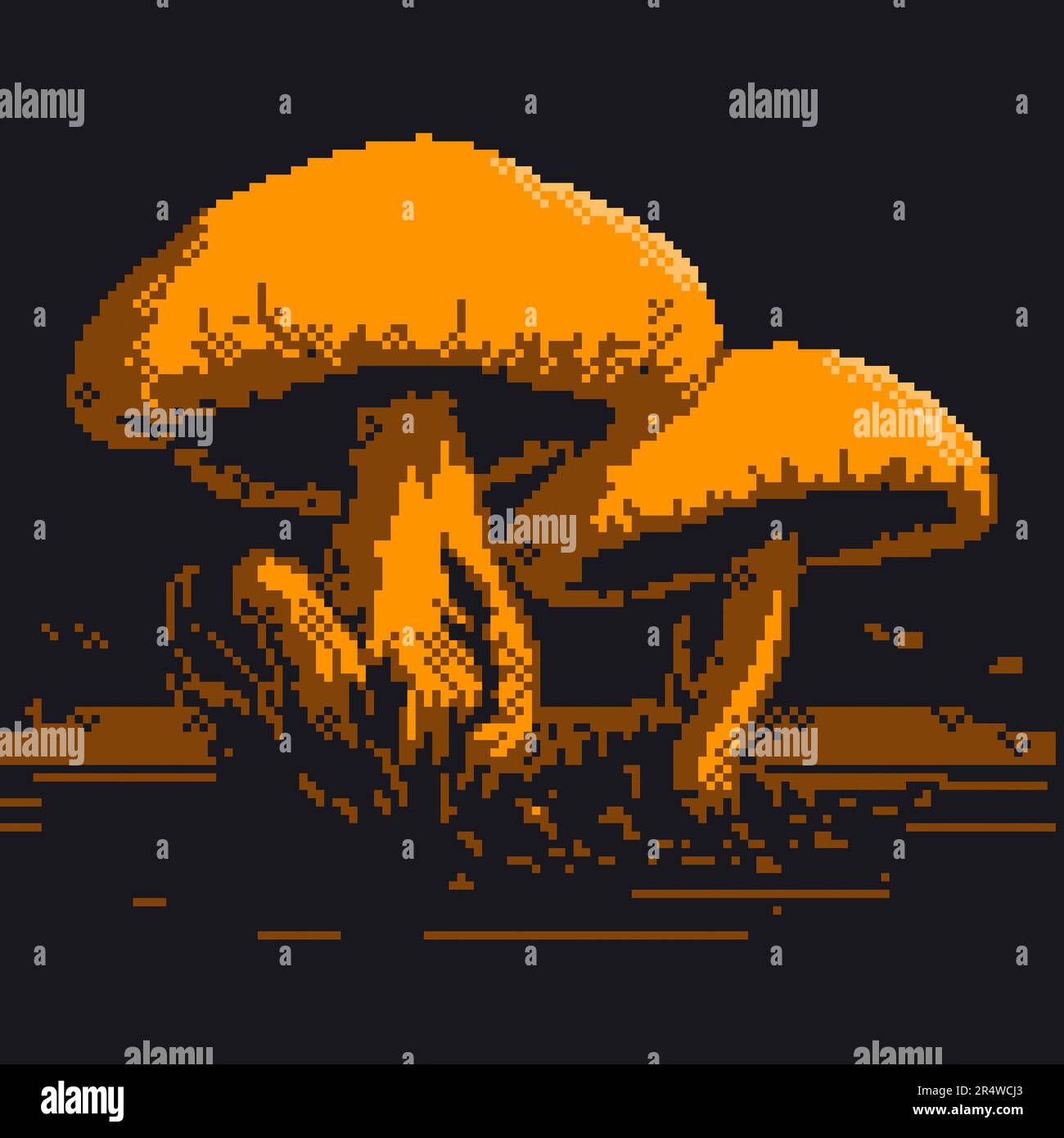Mushrooms opposite dark background in pixel art style. Color illustration for design Stock Photo