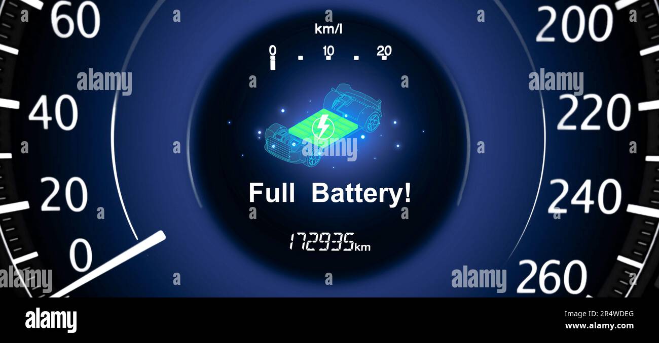 Full battery warning light on speedometer instrument panel of EV
