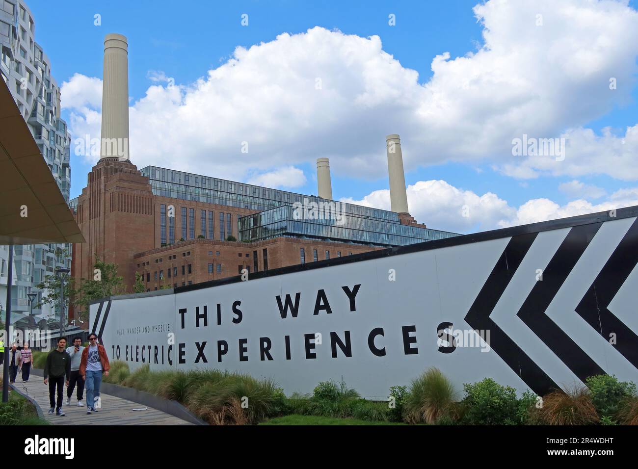 This way to electric experiences -  Battersea Power Station, Nine Elms, Wandsworth, London, England, UK, SW11 8BJ Stock Photo