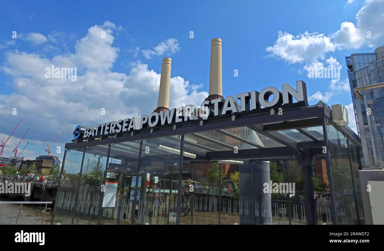 Battersea Power Station Pier for Uber Boat by Thames Clippers on the River Thames, with the redeveloped power station behind. Stock Photo