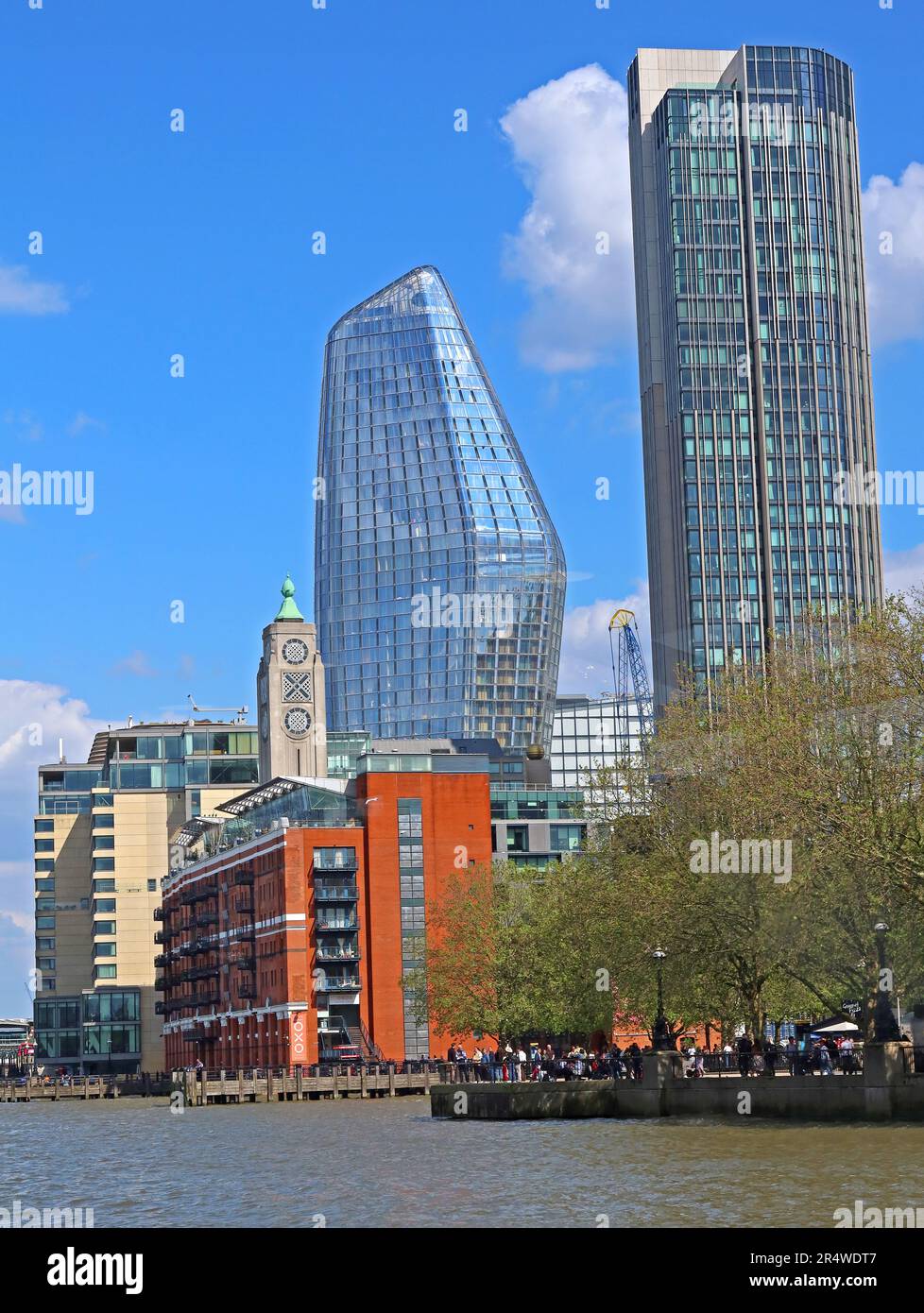 The OXO tower building, seen from the river Thames, with One Blackfriars apartment building at the rear & Arbor 255 Stock Photo