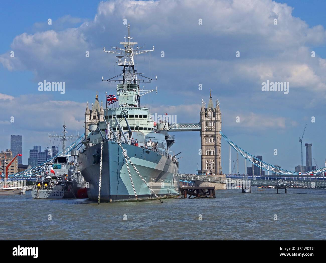 HMS Belfast, moored on the Thames south bank, Royal Navy museum ship, The Queen's Walk, London, England, SE1 2JH Stock Photo