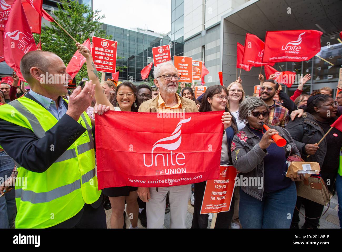 London, England, UK. 30th May, 2023. Former Labour Party leader JEREMY CORBYN is seen at the picket line outside head office of homelessness charity St Mongu's as front line workers of the charity start month long strike over pay. (Credit Image: © Tayfun Salci/ZUMA Press Wire) EDITORIAL USAGE ONLY! Not for Commercial USAGE! Credit: ZUMA Press, Inc./Alamy Live News Credit: ZUMA Press, Inc./Alamy Live News Stock Photo