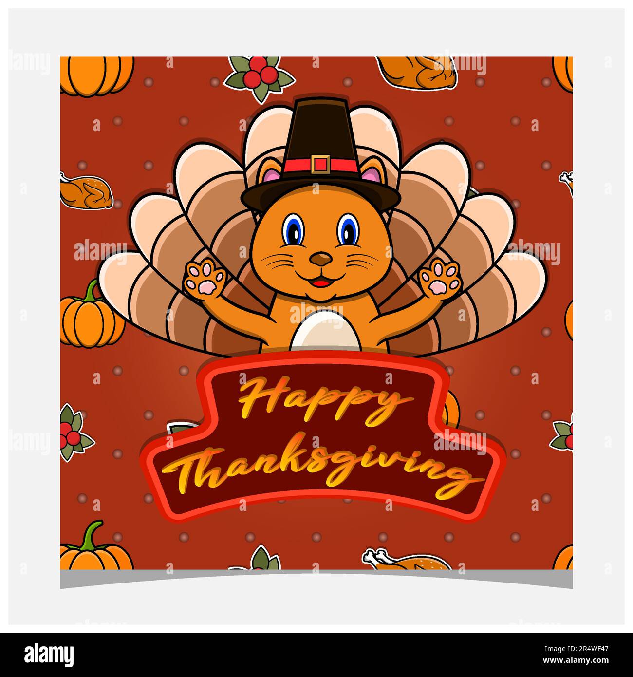 Happy Thanksgiving Card With Cute Cat Character Design. Greeting Card