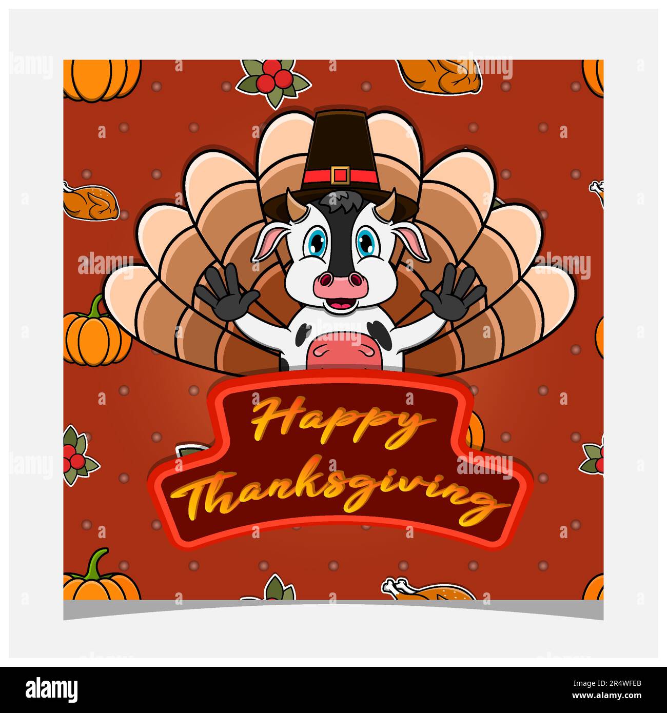 Happy Thanksgiving Card With Cute Cow Character Design. Greeting Card, Poster, Flyer and Invitation. Vector and Illustration. Stock Vector
