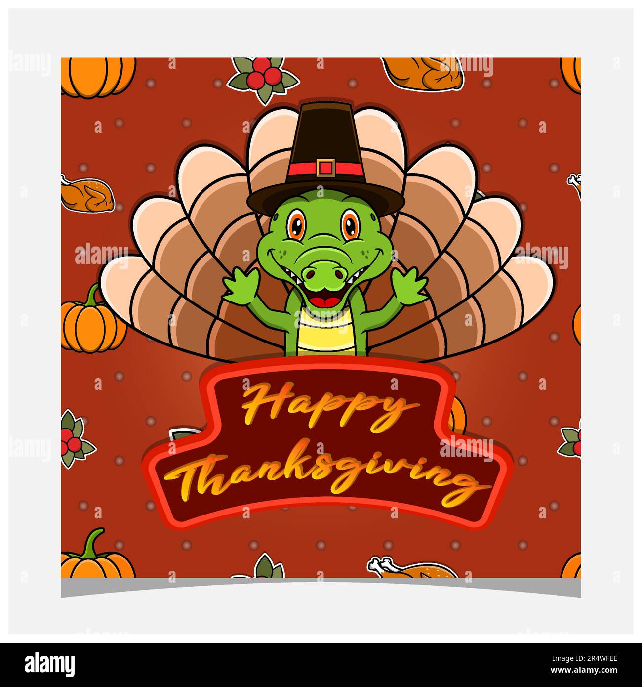 Happy Thanksgiving Card With Cute Crocodile Character Design. Greeting Card, Poster, Flyer and Invitation. Vector and Illustration. Stock Vector