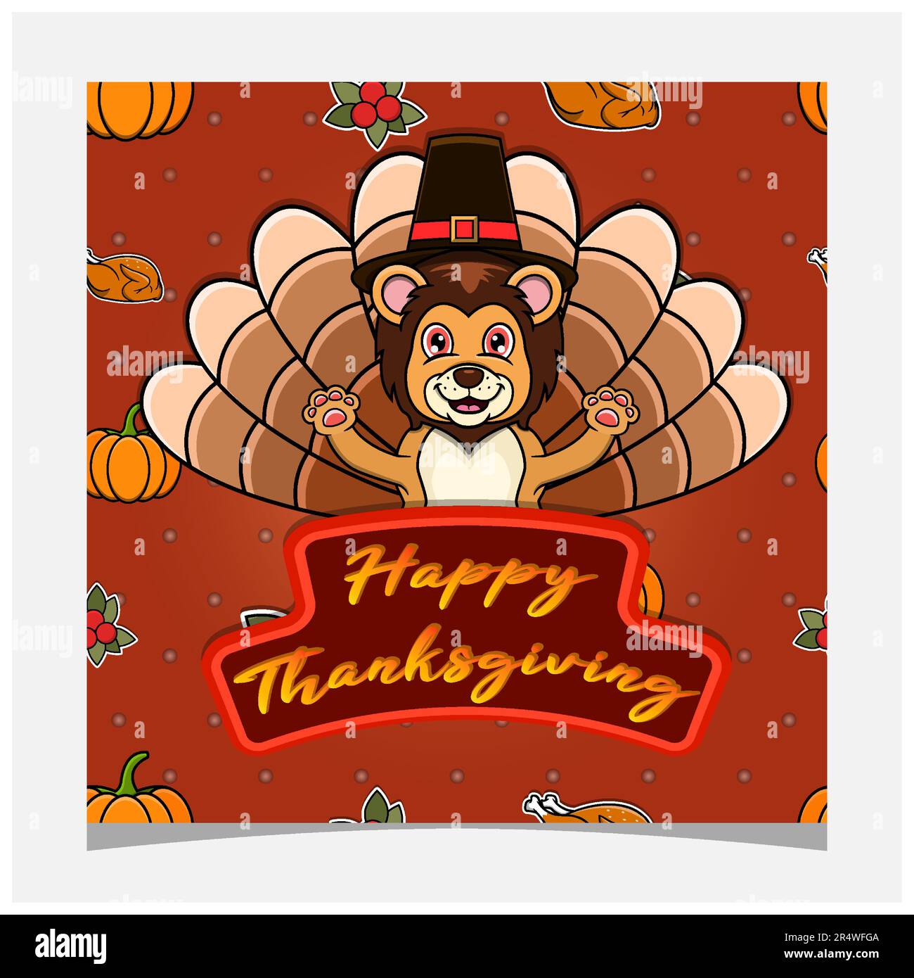Happy Thanksgiving Card With Cute Lion Character Design. Greeting Card, Poster, Flyer and Invitation. Vector and Illustration. Stock Vector