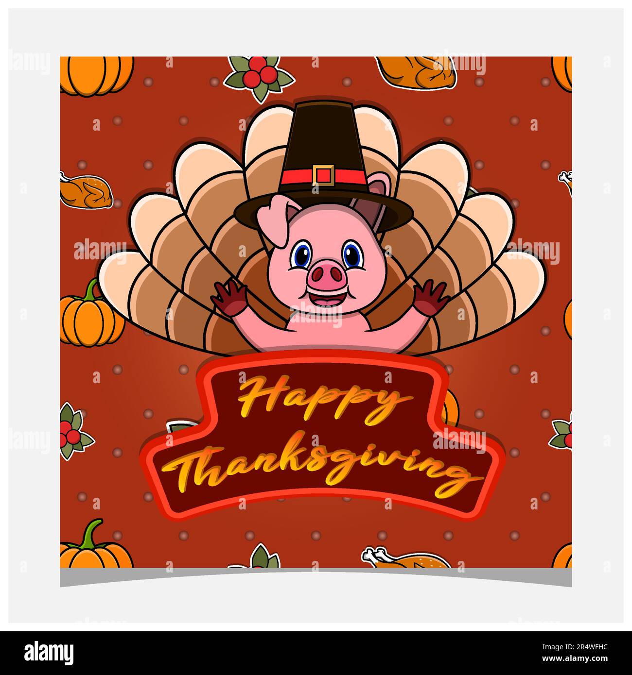 Happy Thanksgiving Card With Cute Pig Character Design. Greeting Card ...
