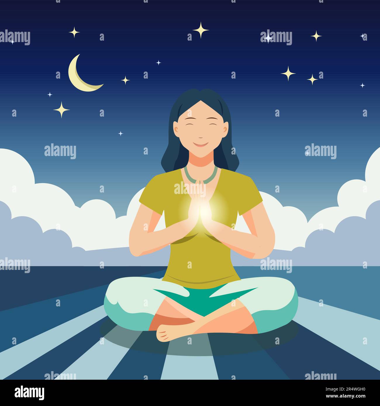 girl in green t-shirt meditating at night outside flat vector at night with light, waking up Stock Vector