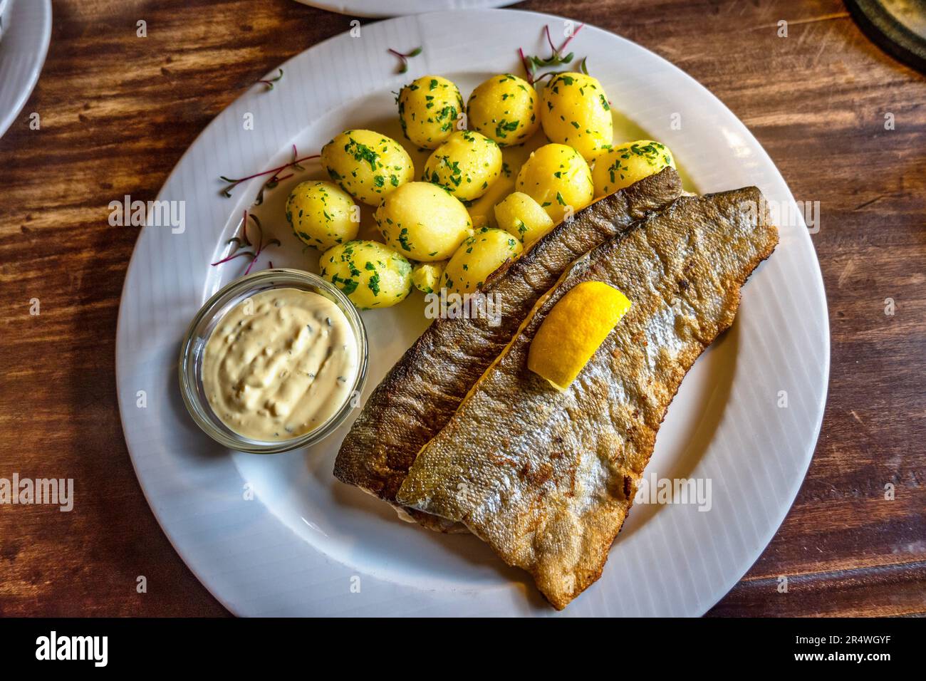 Golden fried zander fish with potato and tartar sauce on wooden table, closeup. Stock Photo
