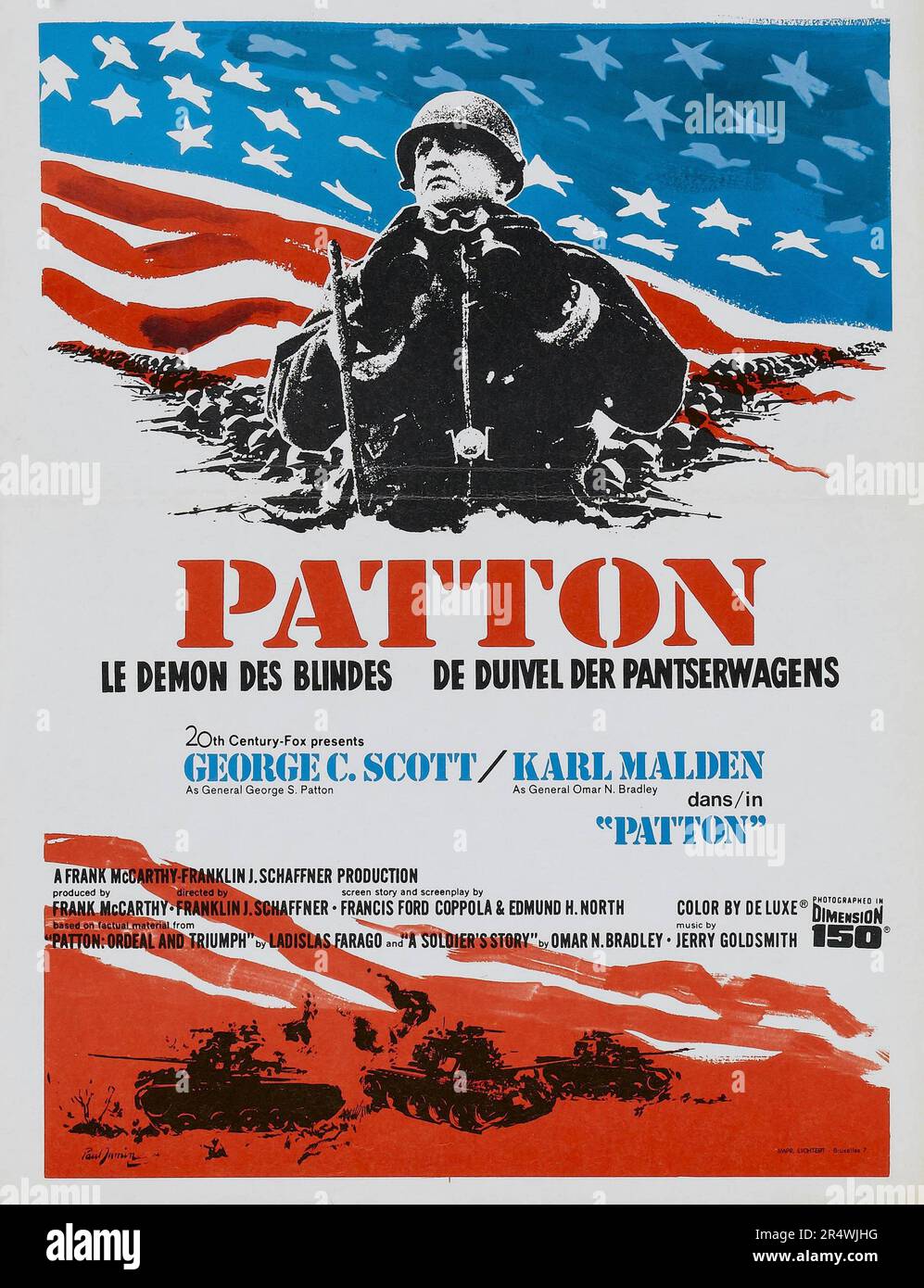 Poster for Patton - a 1970 American biographical war film about US General George Patton during WWII. Starring George Scott and Karl Malden it was directed by Frank Schaffner and based on Patton: Ordeal and Triumph by Ladislas Farago and A Soldier's Story by Omar Bradley. Stock Photo