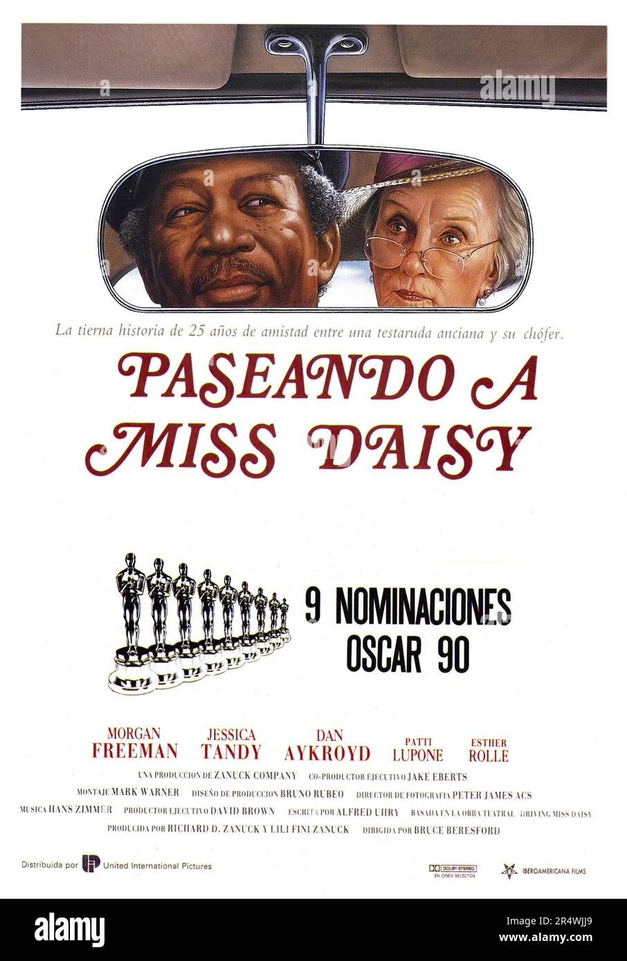 Driving Miss Daisy is a 1989 American comedy-drama film adapted from the Alfred Uhry play of the same name. The film was directed by Bruce Beresford, with Morgan Freeman as Hoke Colburn and Jessica Tandy as Miss Daisy. The story defines Daisy and her point of view through a network of relationships and emotions by focusing on her home life, synagogue, friends, family, fears, and concerns over a 25-year period. Stock Photo