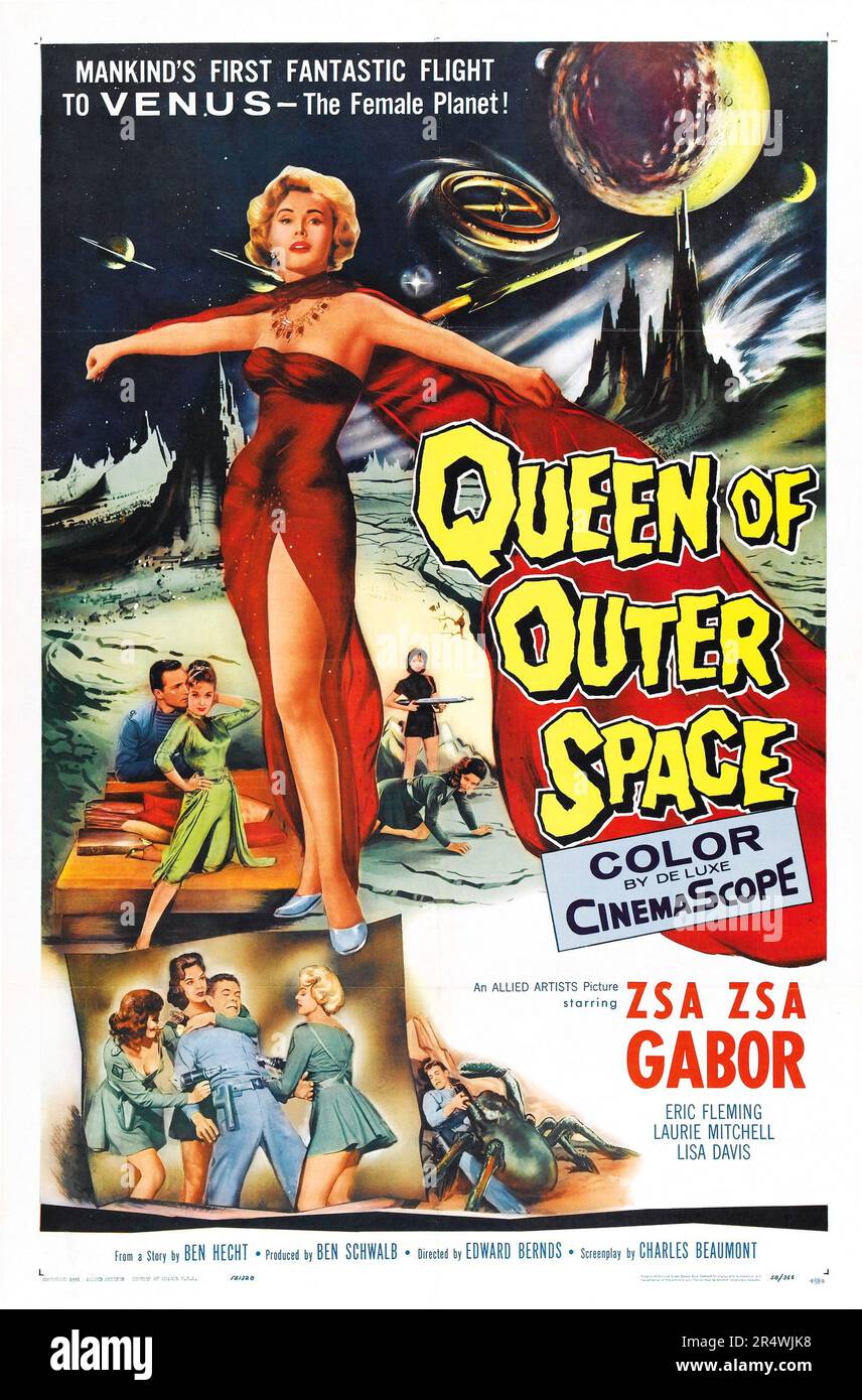 Queen of Outer Space is a 1958 American CinemaScope science fiction feature film starring Zsa Zsa Gabor, Eric Fleming and Laurie Mitchell in a tale about a revolt against a cruel Venusian queen. The screenplay by Charles Beaumont was based on an outline supplied by Ben Hecht. Stock Photo