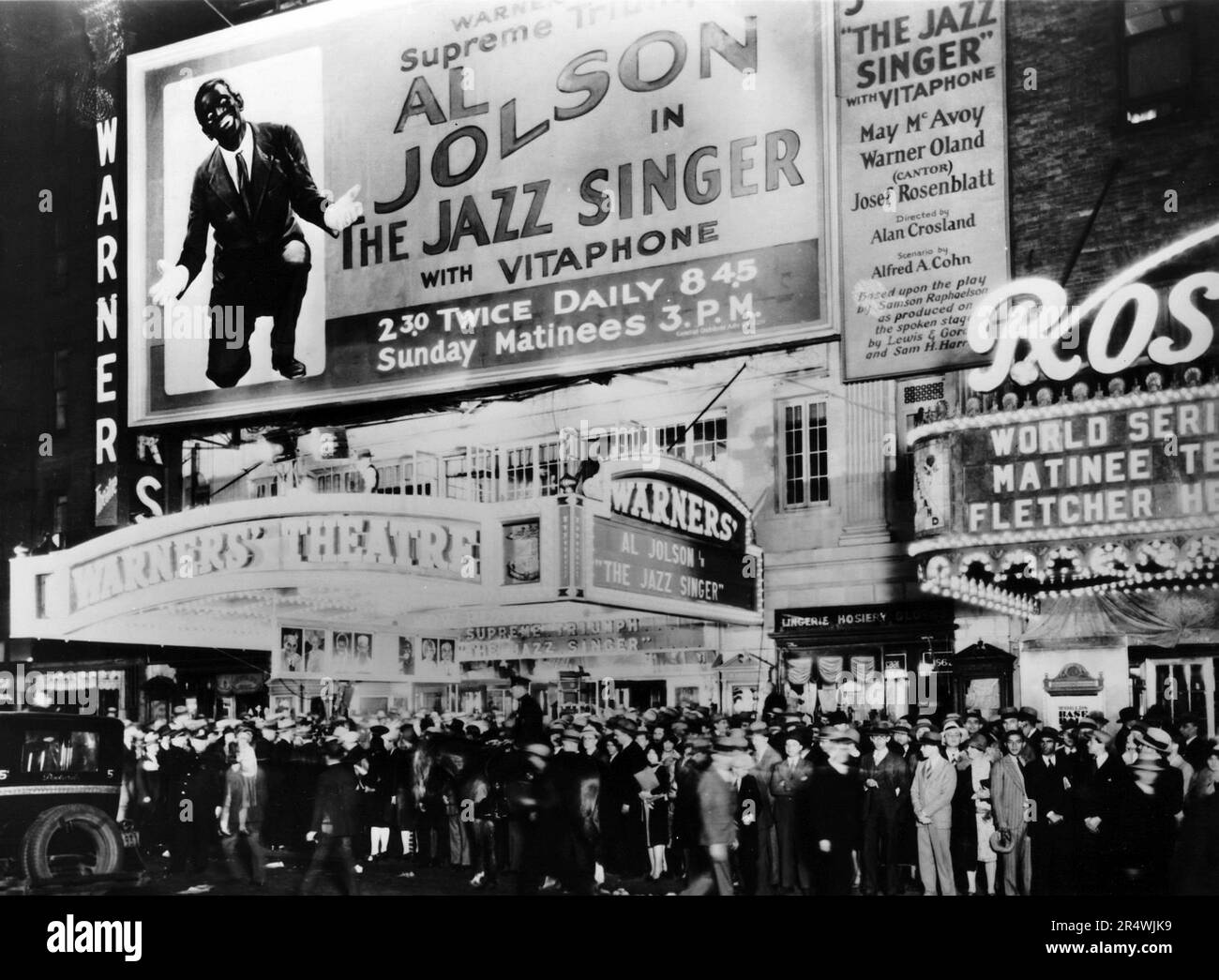 Premiere of The Jazz Singer. The Jazz Singer is a 1927 American musical film. The first feature-length motion picture with synchronized dialogue sequences, its release heralded the commercial ascendance of the 'talkies' and the decline of the silent film era. Directed by Alan Crosland, the movie stars Al Jolson, who performs six songs. The film is based on The Day of Atonement, a play by Samson Raphaelson. Stock Photo