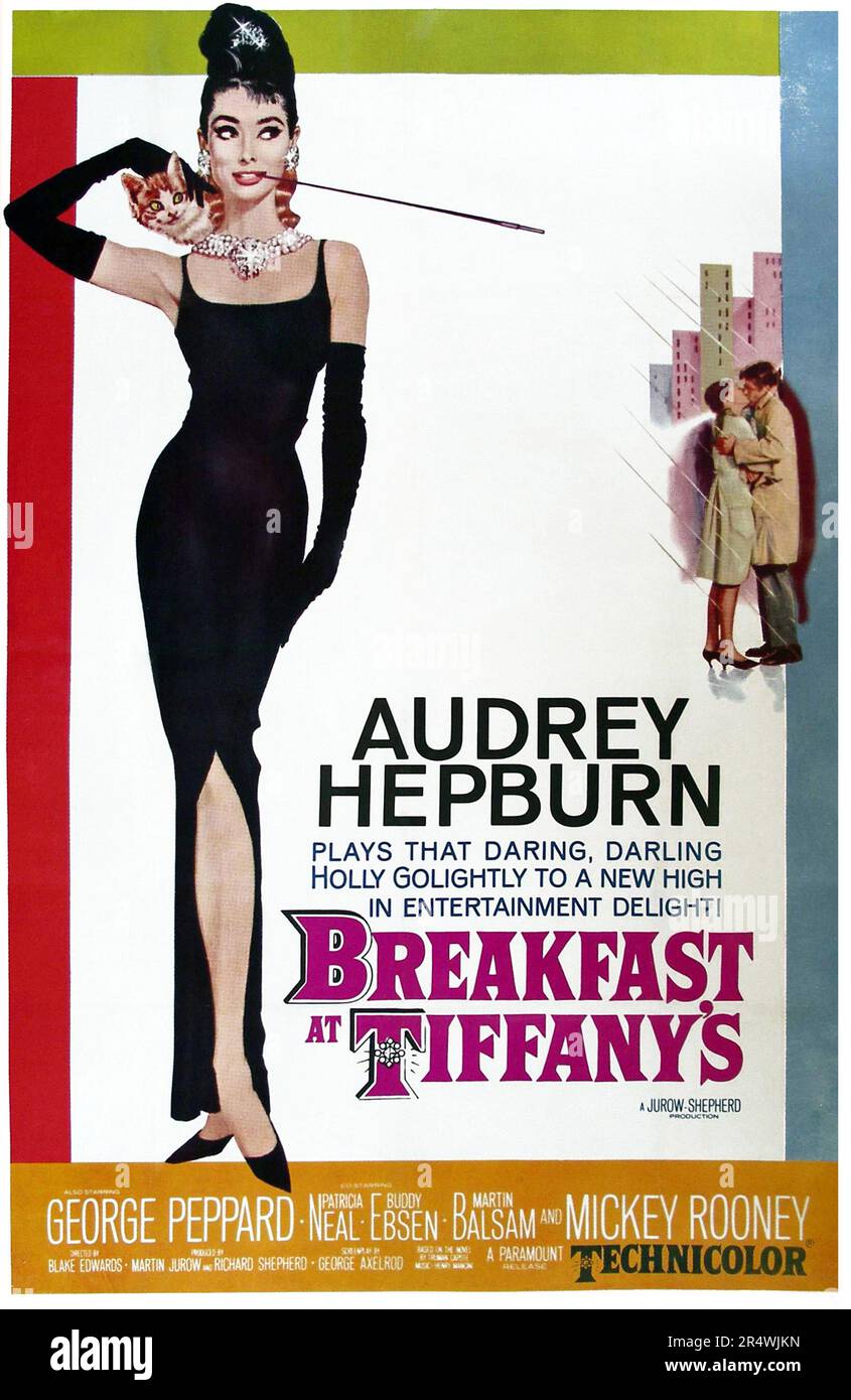Breakfast at Tiffany's is a 1961 American romantic comedy film starring Audrey Hepburn and George Peppard. The film was directed by Blake Edwards and is loosely based on the novella of the same name by Truman Capote. Stock Photo