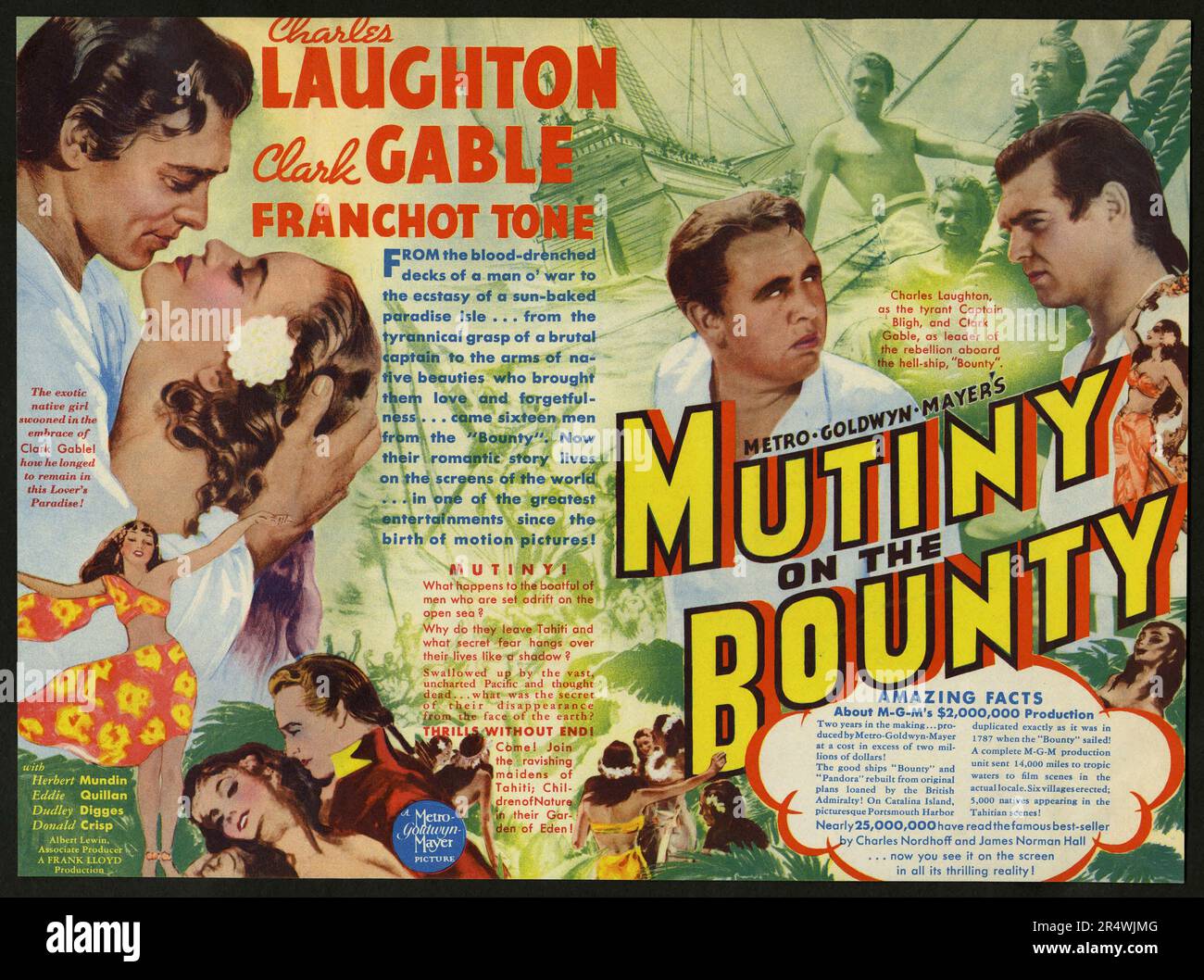 Mutiny on the Bounty is a 1935 film starring Charles Laughton and Clark Gable, and directed by Frank Lloyd based on the Charles Nordhoff and James Norman Hall novel Mutiny on the Bounty. Although its historical accuracy has been questioned, film critics consider this adaptation to be the best cinematic work inspired by the mutiny. Stock Photo