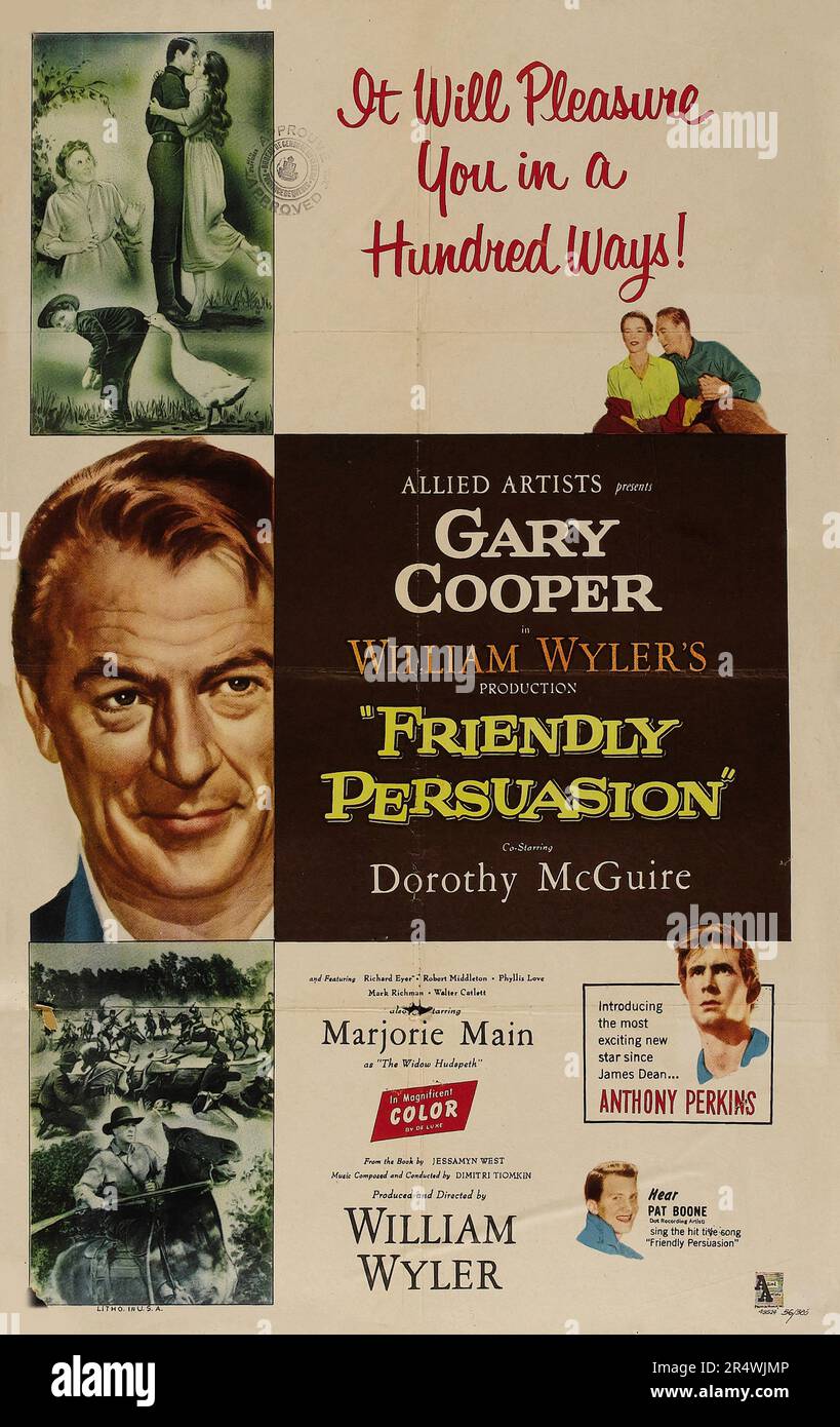 Friendly Persuasion is a 1956 Civil War film starring Gary Cooper, Dorothy McGuire and Anthony Perkins. The screenplay was adapted by Michael Wilson from the 1945 novel The Friendly Persuasion by Jessamyn West, and was directed by William Wyler. The film tells the story of a pacifist Quaker family in southern Indiana during the American Civil War. The father of the family is gradually converted to supporting the war. Stock Photo