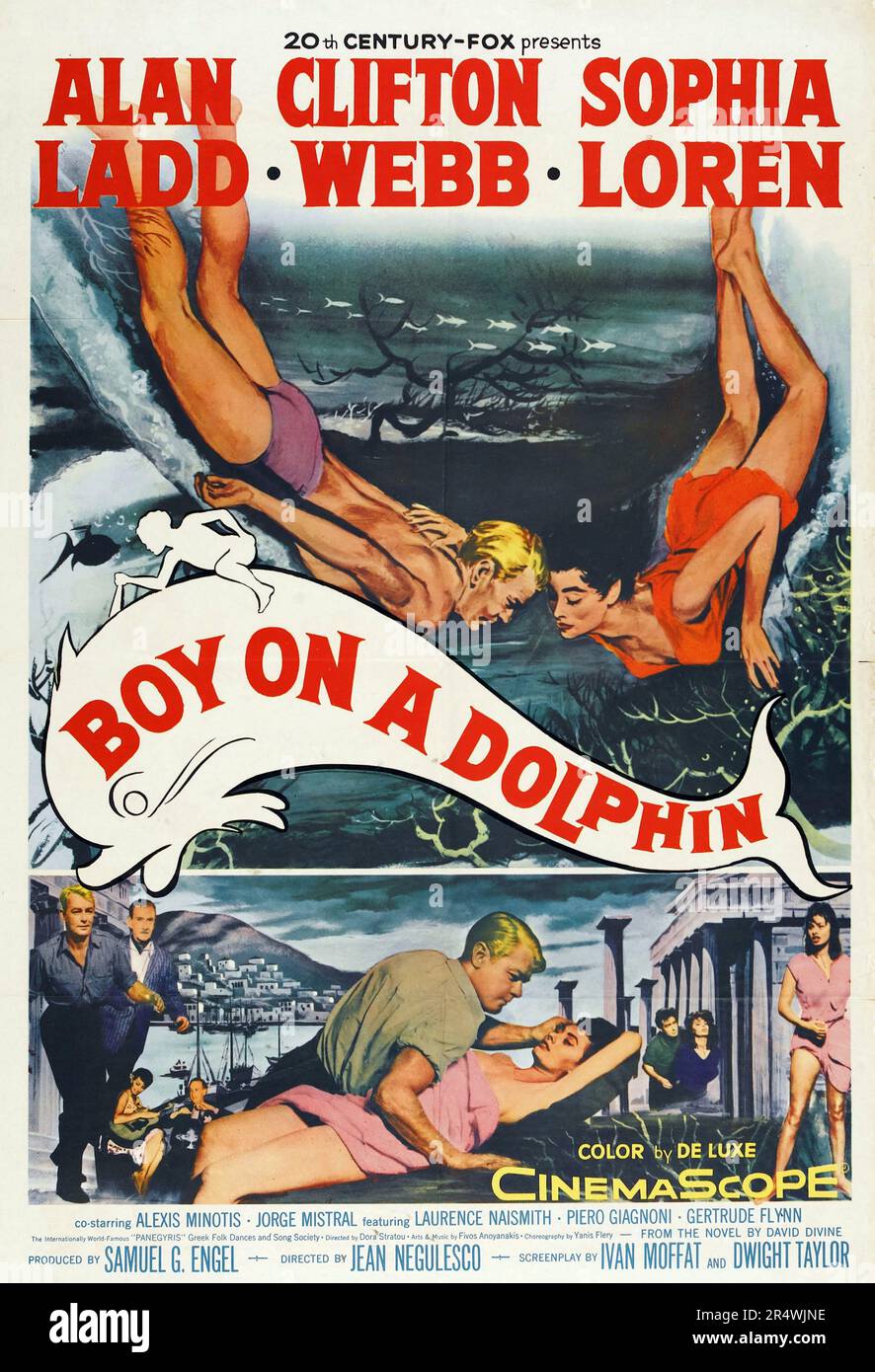 Boy on a Dolphin is a 1957 romantic film set in Greece. It was directed by Jean Negulesco and based on the novel by David Divine. The film is noteworthy as Sophia Loren's English language debut. Also starring Alan Ladd and Clifton Webb. Stock Photo